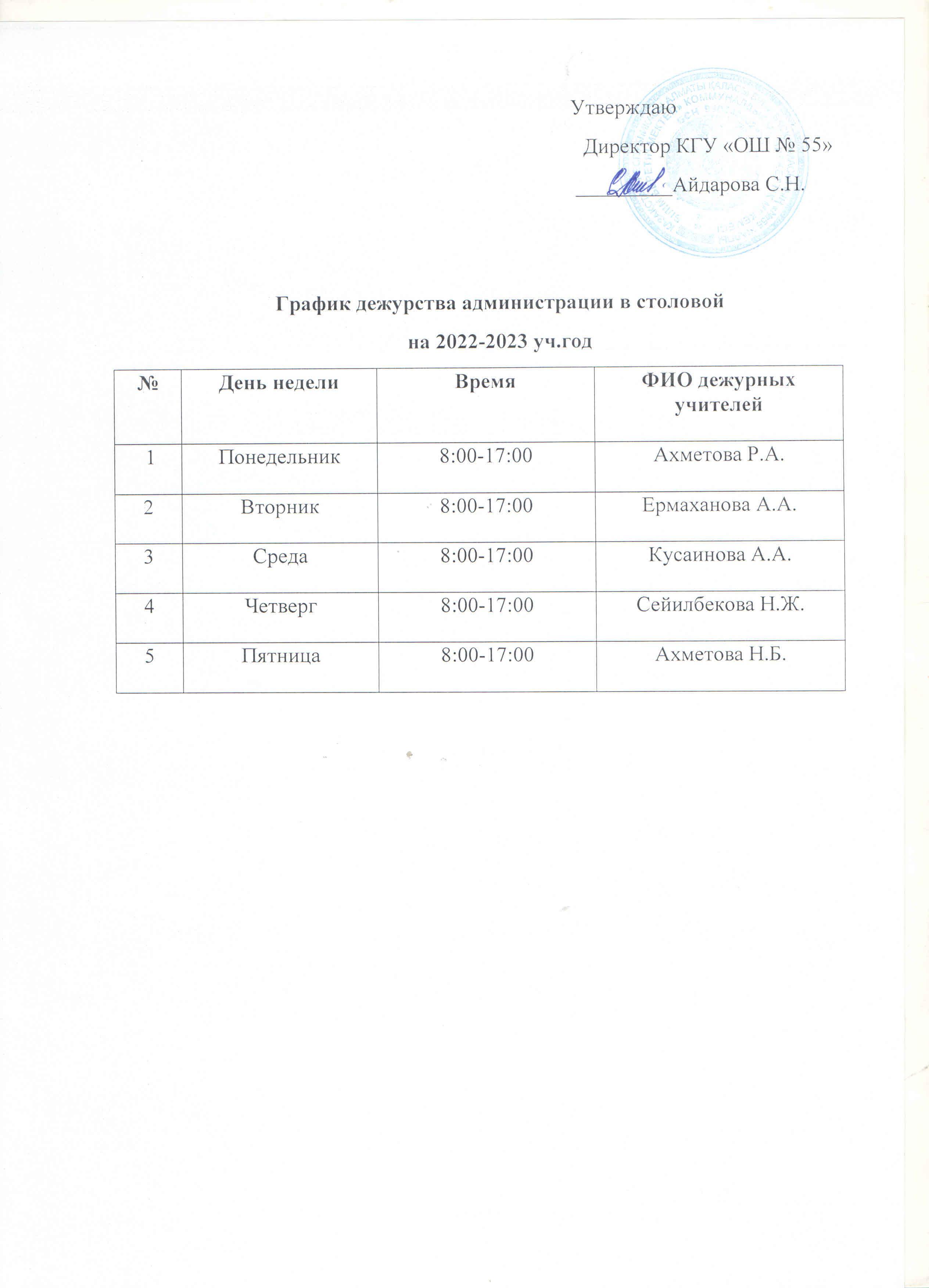 2022-2023 оқу жылына арналған асханадағы әкімшіліктің кезекшілік кестесі. График дежурства администрации в столовой на 2022-2023 уч.год