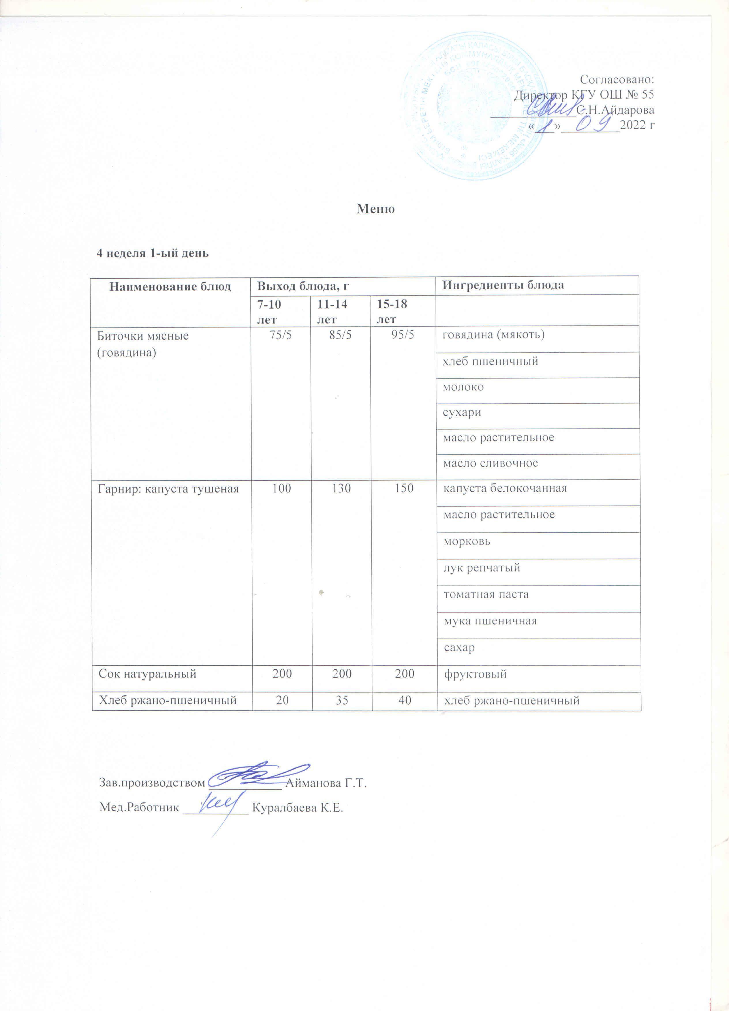 Тегін тамақтануды ұйымдастыруға арналған тағамдар мәзірі (қыркүйек, қазан, қараша, желтоқсан 2022ж.), 4 апта. Меню блюд для организации бесплатного питания (сентябрь, октябрь, ноябрь,декабрь 2022 г.) 4 неделя