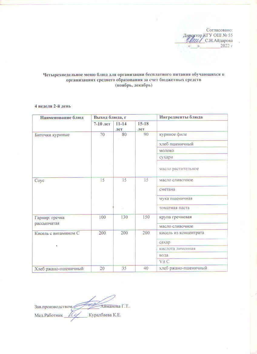 4 апта 2 күн. Тегін тамақтануды ұйымдастыруға арналған тағамдар мәзірі (қараша-желтоқсан). 4 неделя 2 день. Меню блюд для организации бесплатного питания (ноябрь- декабрь)