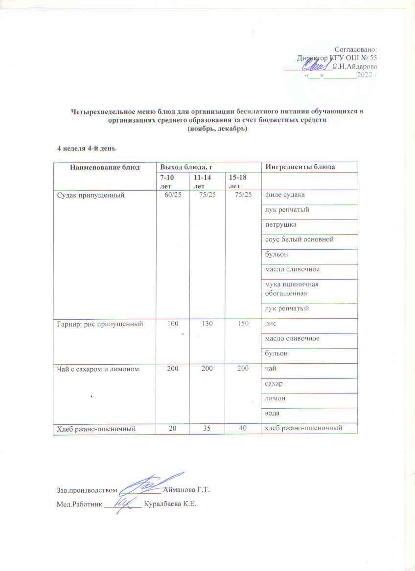 4 апта 4 күн. Тегін тамақтануды ұйымдастыруға арналған тағамдар мәзірі (қараша-желтоқсан)4 неделя 4 день. Меню блюд для организации бесплатного питания (ноябрь- декабрь)