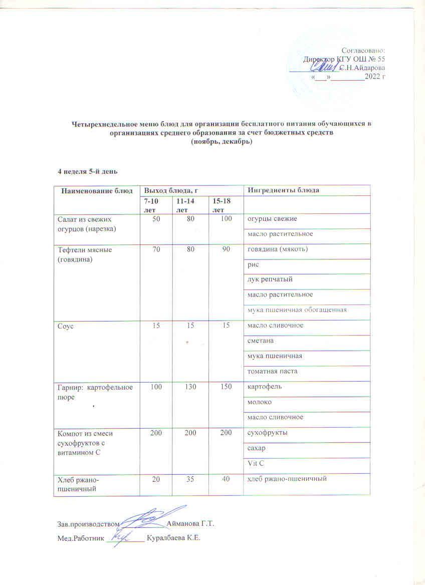 4 апта 5 күн. Тегін тамақтануды ұйымдастыруға арналған тағамдар мәзірі (қараша-желтоқсан).4 неделя 5 день. Меню блюд для организации бесплатного питания (ноябрь- декабрь)