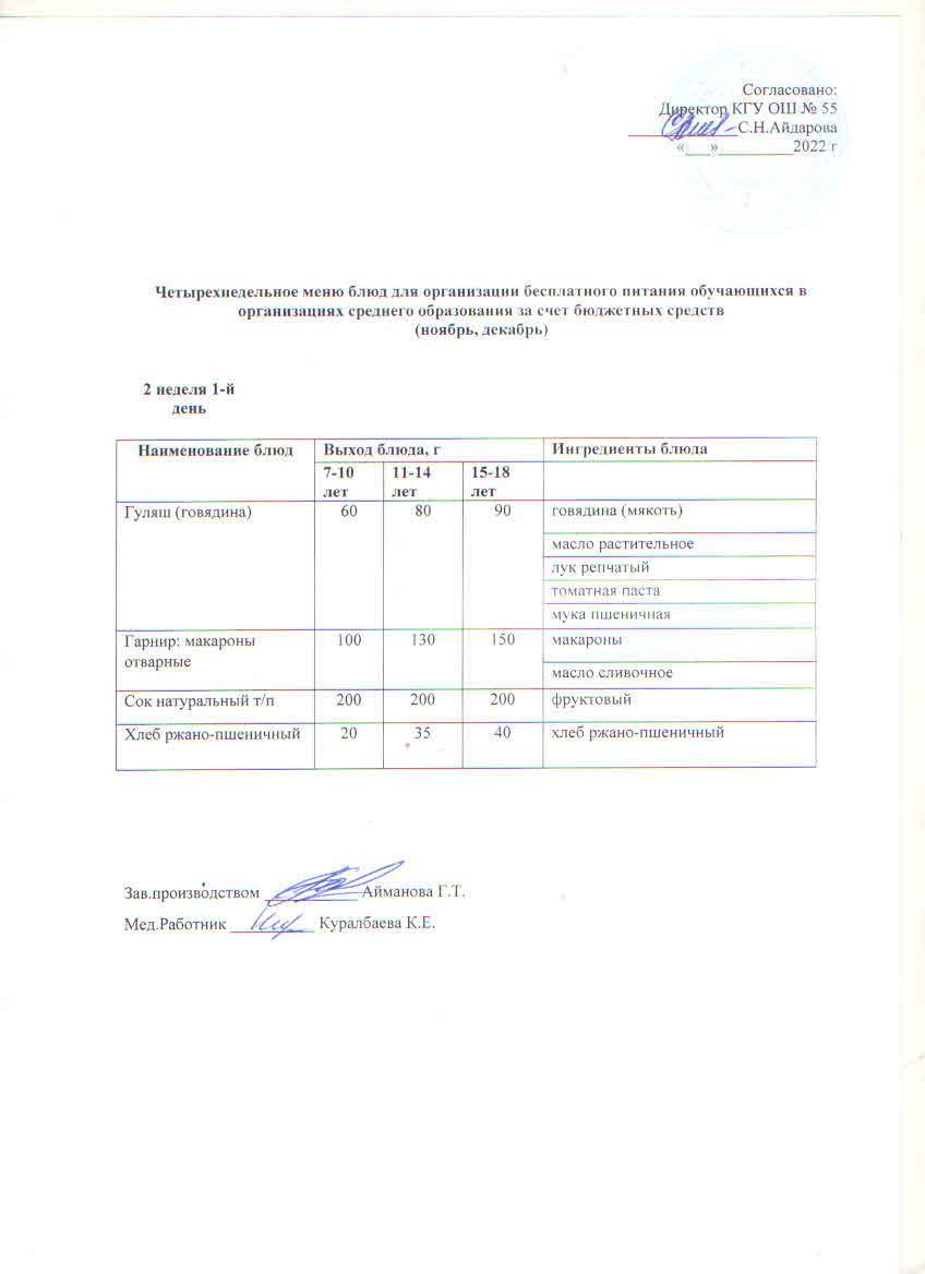 2 апта 1 күн. Тегін тамақтануды ұйымдастыруға арналған тағамдар мәзірі (қараша-желтоқсан)2 неделя 1 день. Меню блюд для организации бесплатного питания (ноябрь- декабрь)