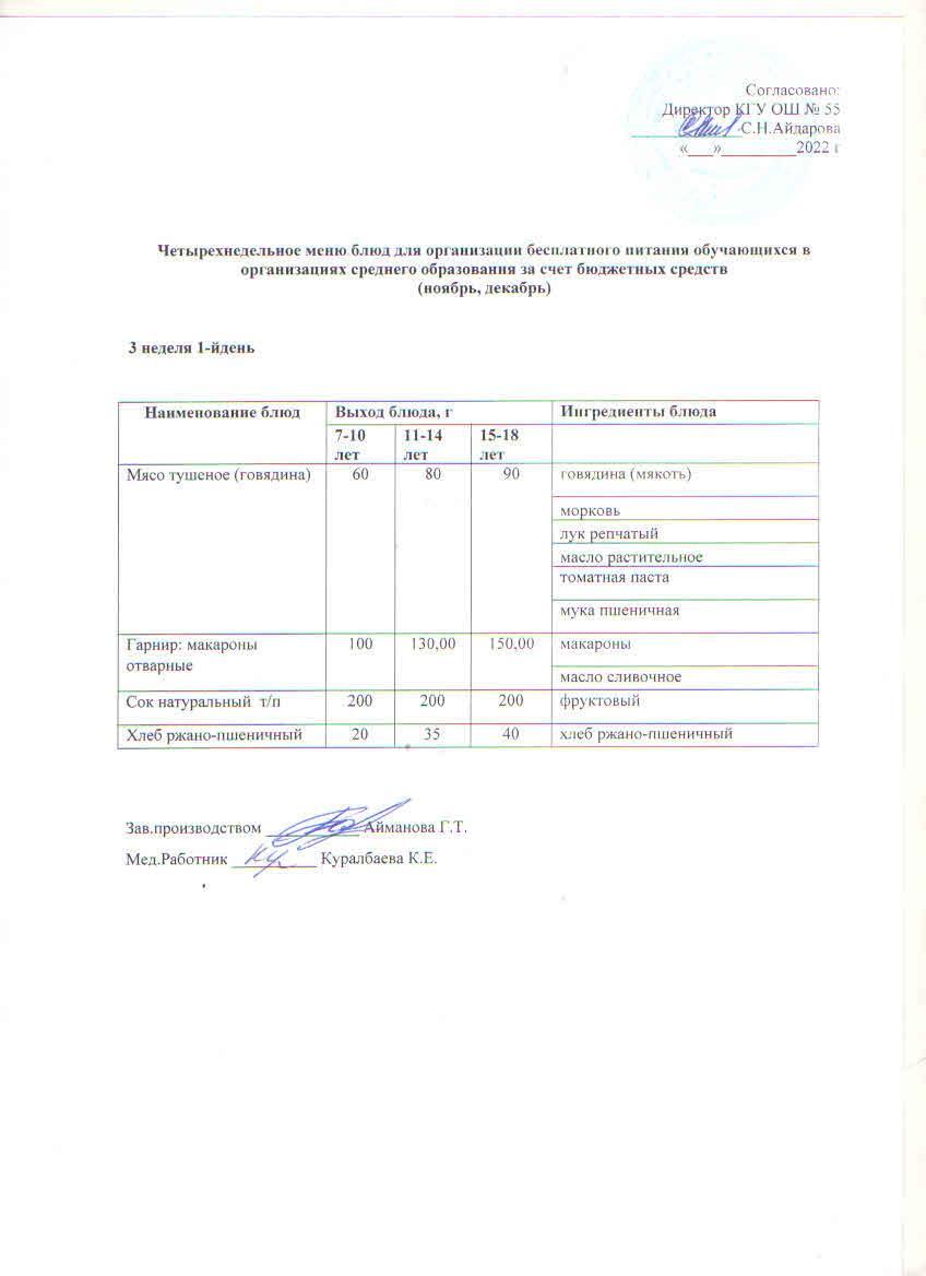 3 апта 1 күн. Тегін тамақтануды ұйымдастыруға арналған тағамдар мәзірі (қараша-желтоқсан)3 неделя 1 день. Меню блюд для организации бесплатного питания (ноябрь- декабрь)