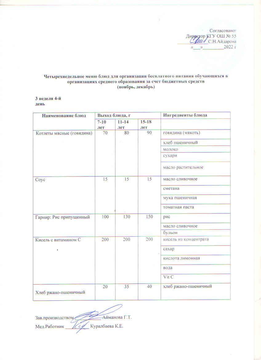 3 апта 4 күн. Тегін тамақтануды ұйымдастыруға арналған тағамдар мәзірі (қараша-желтоқсан)3 неделя 4 день. Меню блюд для организации бесплатного питания (ноябрь- декабрь)