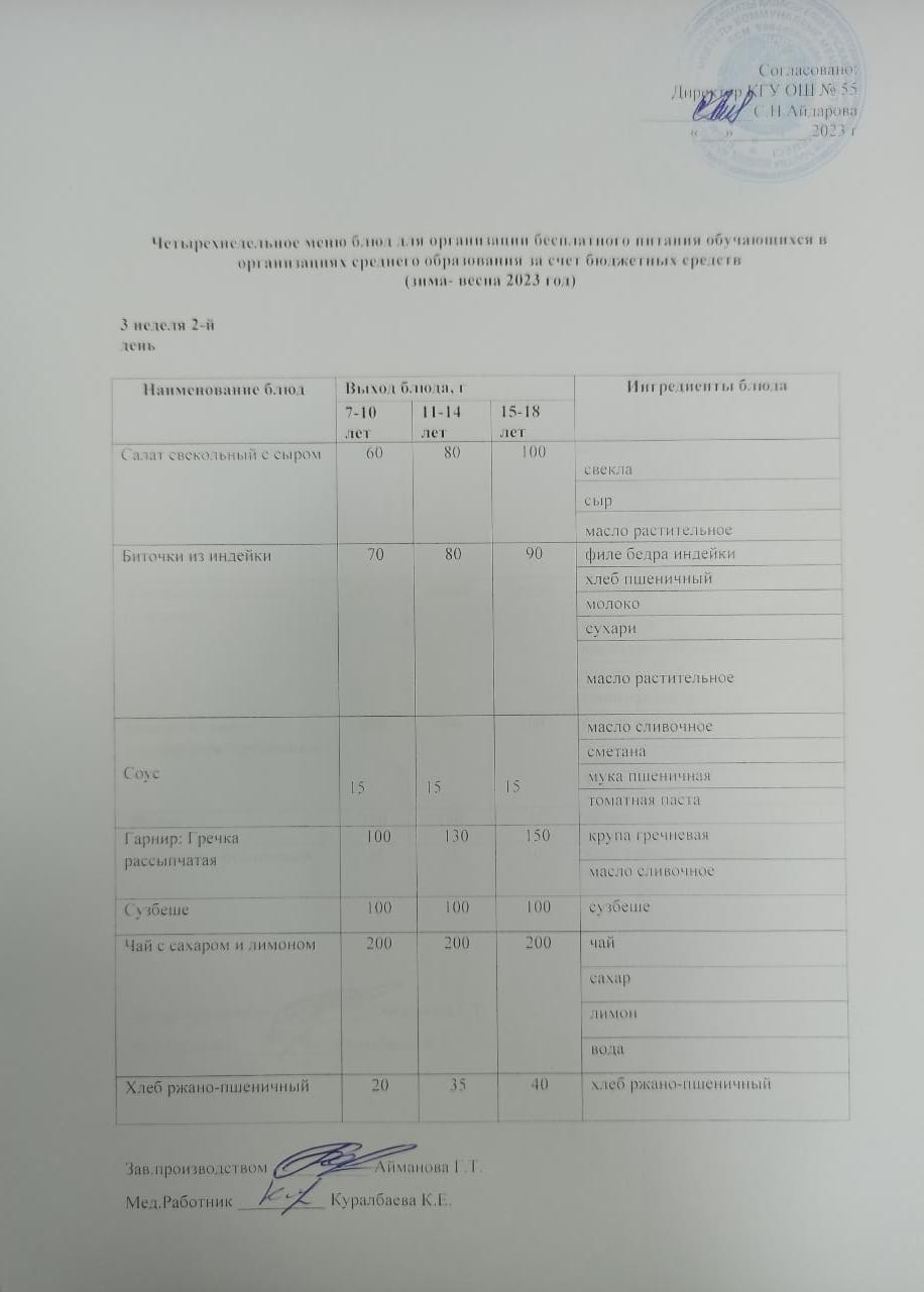 3 апта 2 күн. Тегін тамақтануды ұйымдастыруға арналған тағамдар мәзірі (қыс-көктем). 3 неделя 2 день. Меню блюд для организации бесплатного питания (зима- весна 2023 год)