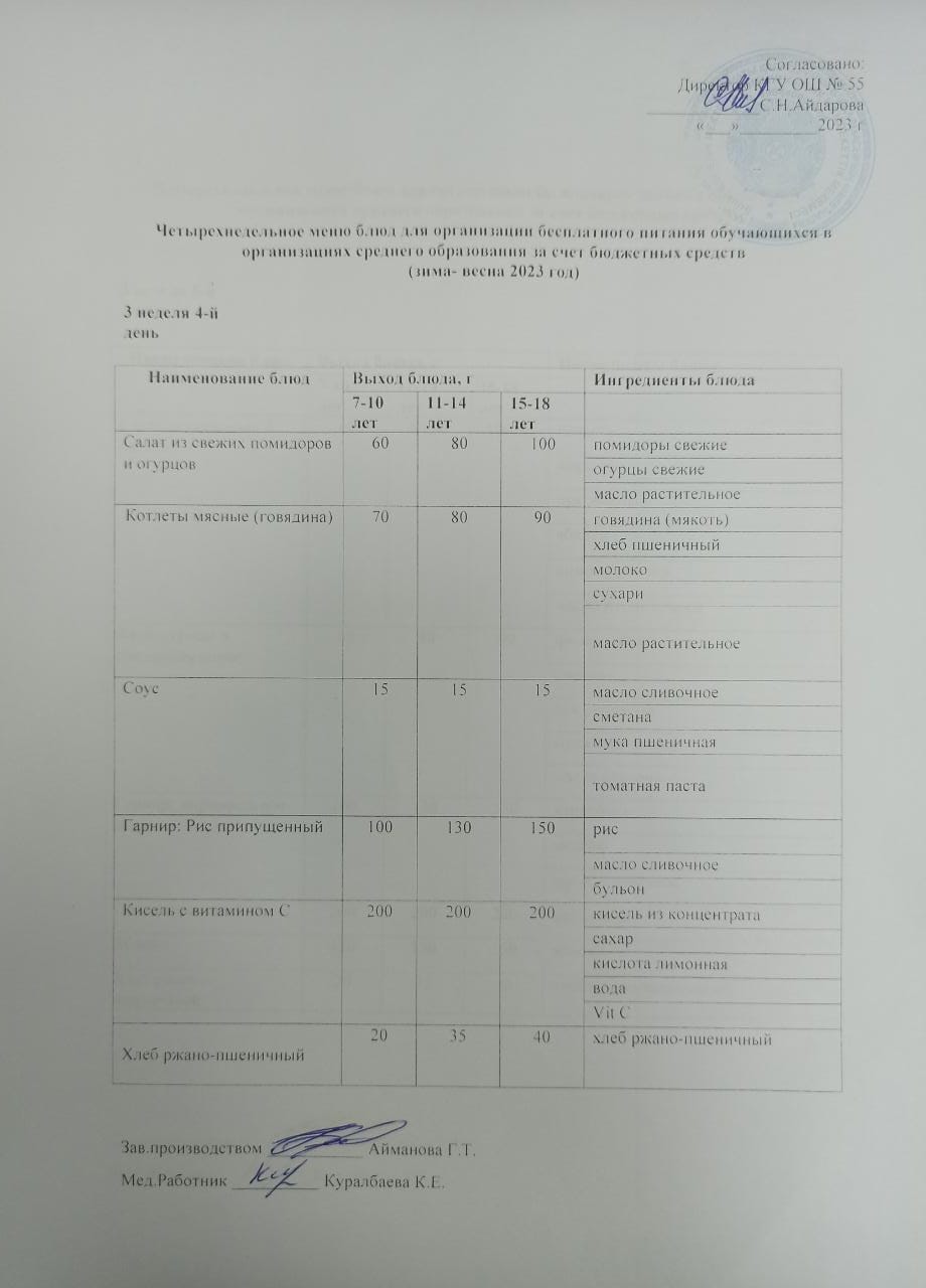 3 апта 4 күн. Тегін тамақтануды ұйымдастыруға арналған тағамдар мәзірі (қыс-көктем). 3 неделя 4 день. Меню блюд для организации бесплатного питания (зима- весна 2023 год)