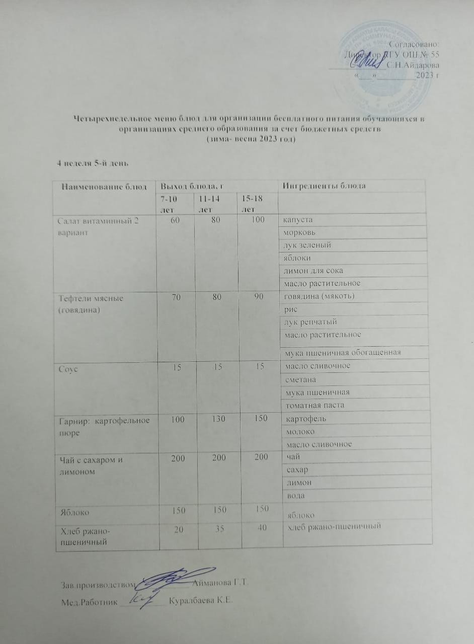 4 апта 5 күн. Тегін тамақтануды ұйымдастыруға арналған тағамдар мәзірі (қыс-көктем). 4 неделя 5 день. Меню блюд для организации бесплатного питания (зима- весна 2023 год)