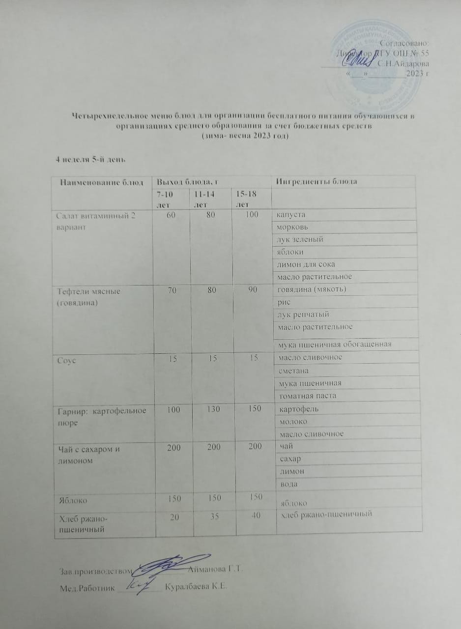 4 апта 5 күн. Тегін тамақтануды ұйымдастыруға арналған тағамдар мәзірі (қыс-көктем). 4 неделя 5 день. Меню блюд для организации бесплатного питания (зима- весна 2023 год)