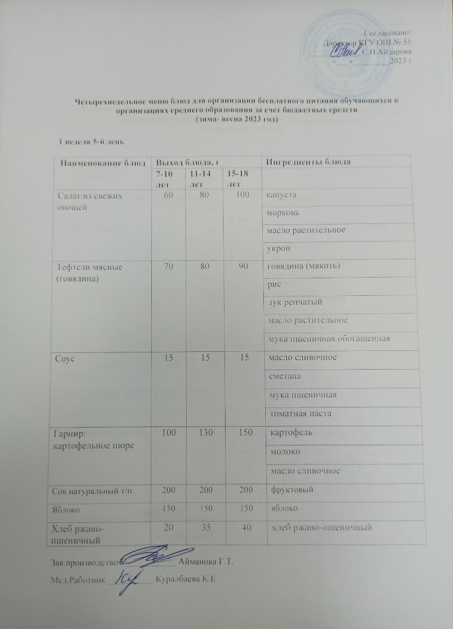 1 апта 5 күн. Тегін тамақтануды ұйымдастыруға арналған тағамдар мәзірі (қыс-көктем). 1 неделя 5 день. Меню блюд для организации бесплатного питания (зима- весна 2023 год)