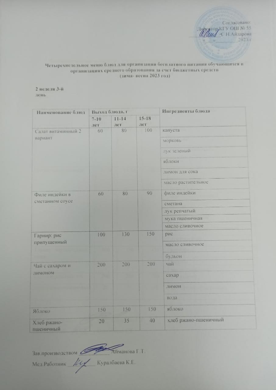 2 апта 3 күн. Тегін тамақтануды ұйымдастыруға арналған тағамдар мәзірі (қыс-көктем). 2 неделя 3 день. Меню блюд для организации бесплатного питания (зима- весна 2023 год)