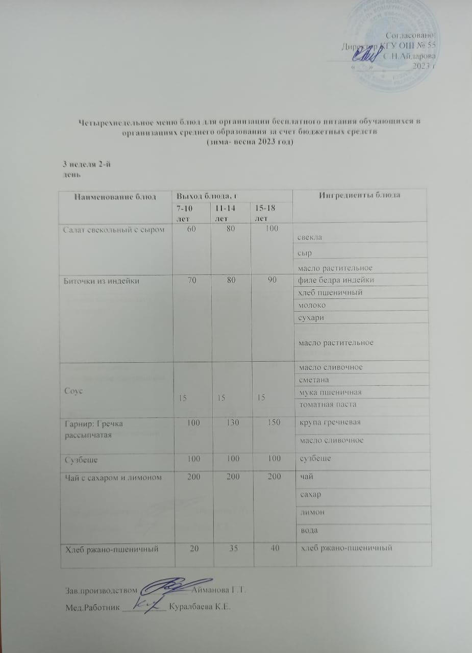 3 апта 2 күн. Тегін тамақтануды ұйымдастыруға арналған тағамдар мәзірі (қыс-көктем). 3 неделя 2 день. Меню блюд для организации бесплатного питания (зима- весна 2023 год)