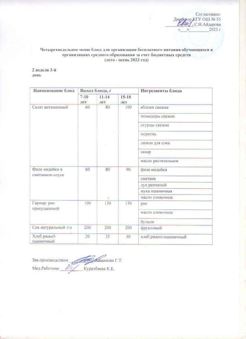 2 апта 3 күн. Тегін тамақтануды ұйымдастыруға арналған тағамдар мәзірі (жаз - күз). 2 неделя 3 день. Меню блюд для организации бесплатного питания (лето-осень 2023 год)