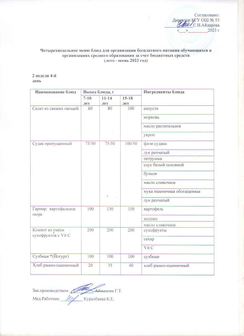 2 апта 4 күн. Тегін тамақтануды ұйымдастыруға арналған тағамдар мәзірі (жаз - күз). 2 неделя 4 день. Меню блюд для организации бесплатного питания (лето-осень 2023 год)