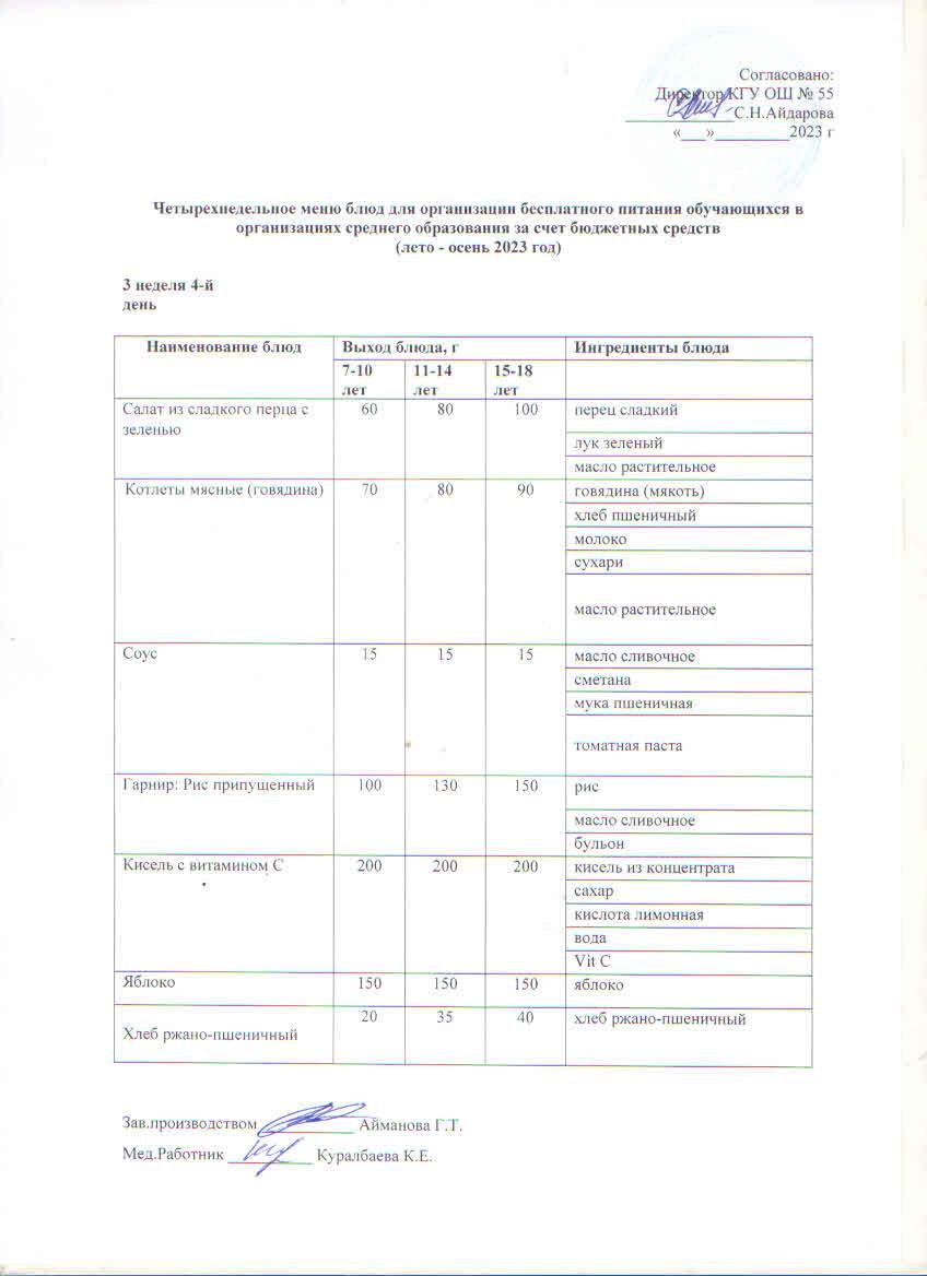 3 апта 4 күн. Тегін тамақтануды ұйымдастыруға арналған тағамдар мәзірі (жаз - күз). 3 неделя 4 день. Меню блюд для организации бесплатного питания (лето-осень 2023 год)