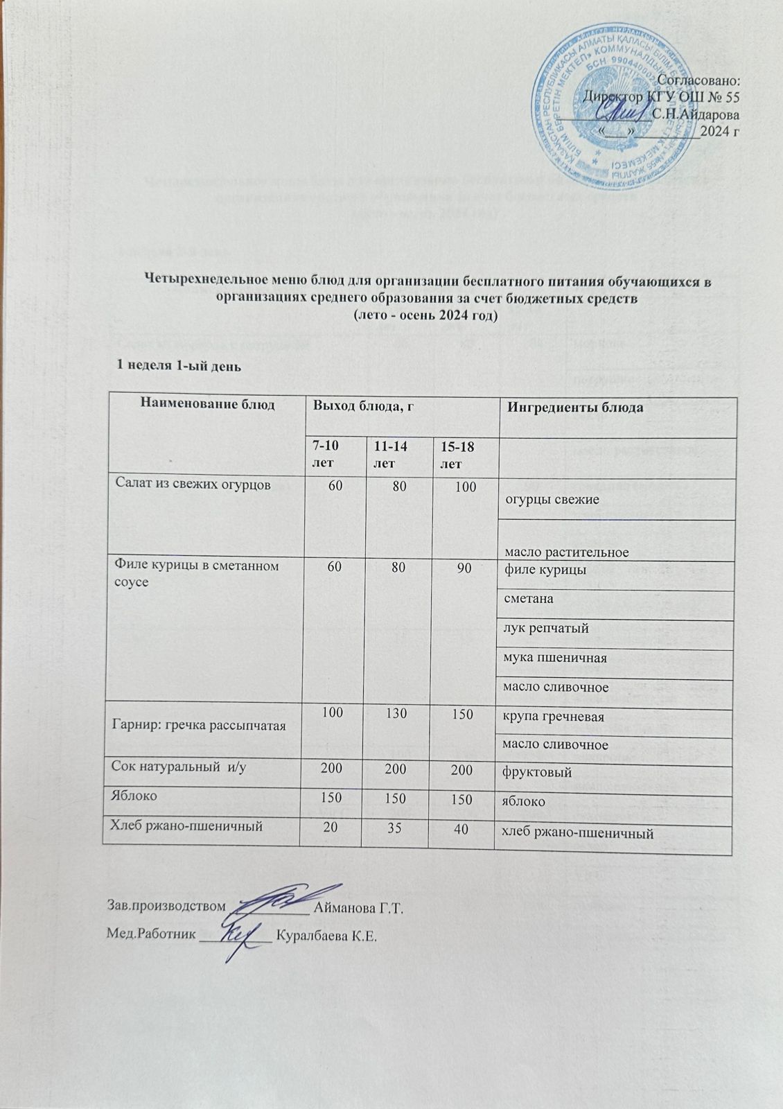 1 апта 1 күн. Тегін тамақтануды ұйымдастыруға арналған тағамдар мәзірі (жаз - күз). 1 неделя 1 день. Меню блюд для организации бесплатного питания (лето-осень 2024 год)