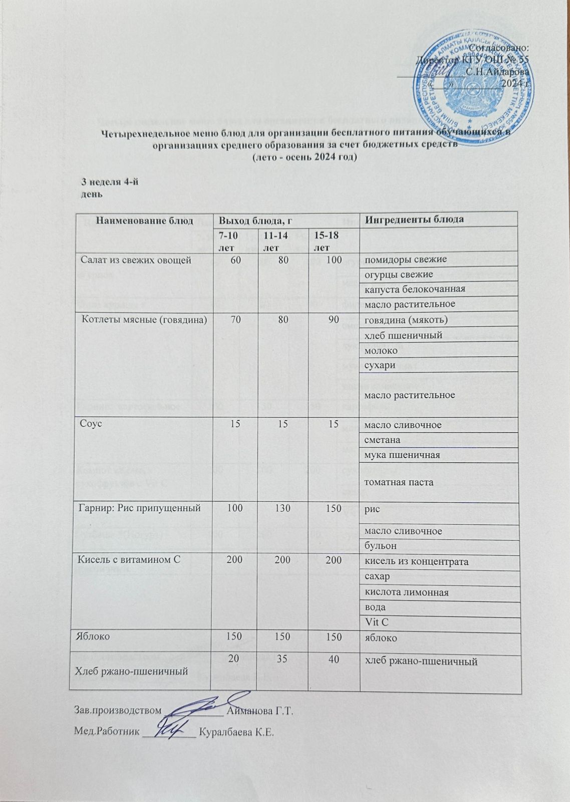 3 апта 4 күн. Тегін тамақтануды ұйымдастыруға арналған тағамдар мәзірі (жаз - күз). 3 неделя 4 день. Меню блюд для организации бесплатного питания (лето-осень 2024 год)