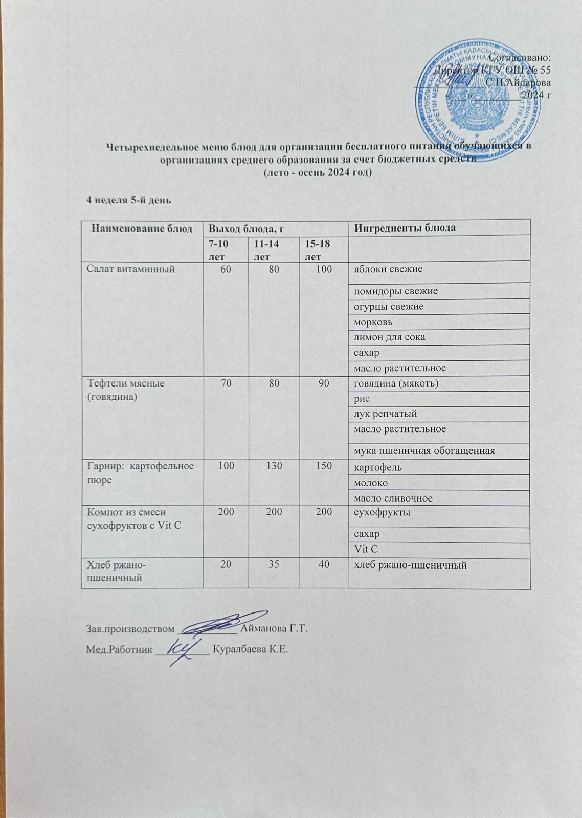 4 апта 5 күн. Тегін тамақтануды ұйымдастыруға арналған тағамдар мәзірі (жаз - күз). 4 неделя 5 день. Меню блюд для организации бесплатного питания (лето-осень 2024 год)