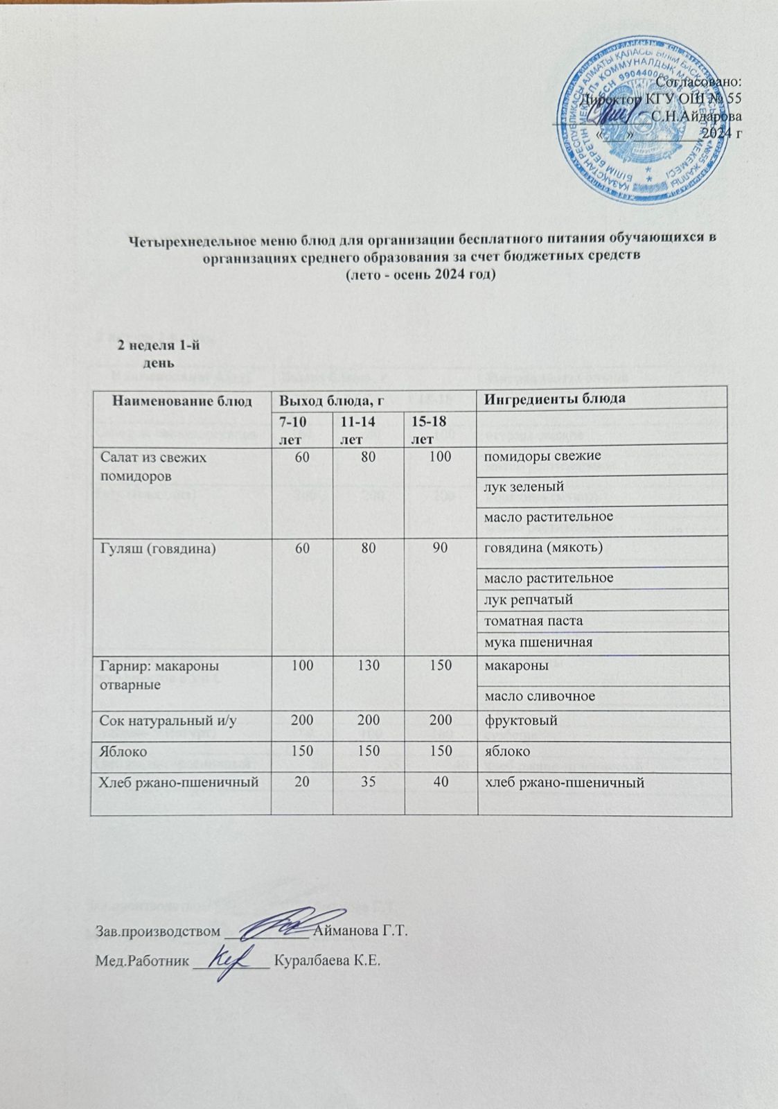 2 апта 1 күн. Тегін тамақтануды ұйымдастыруға арналған тағамдар мәзірі (жаз - күз). 2 неделя 1 день. Меню блюд для организации бесплатного питания (лето-осень 2024 год)