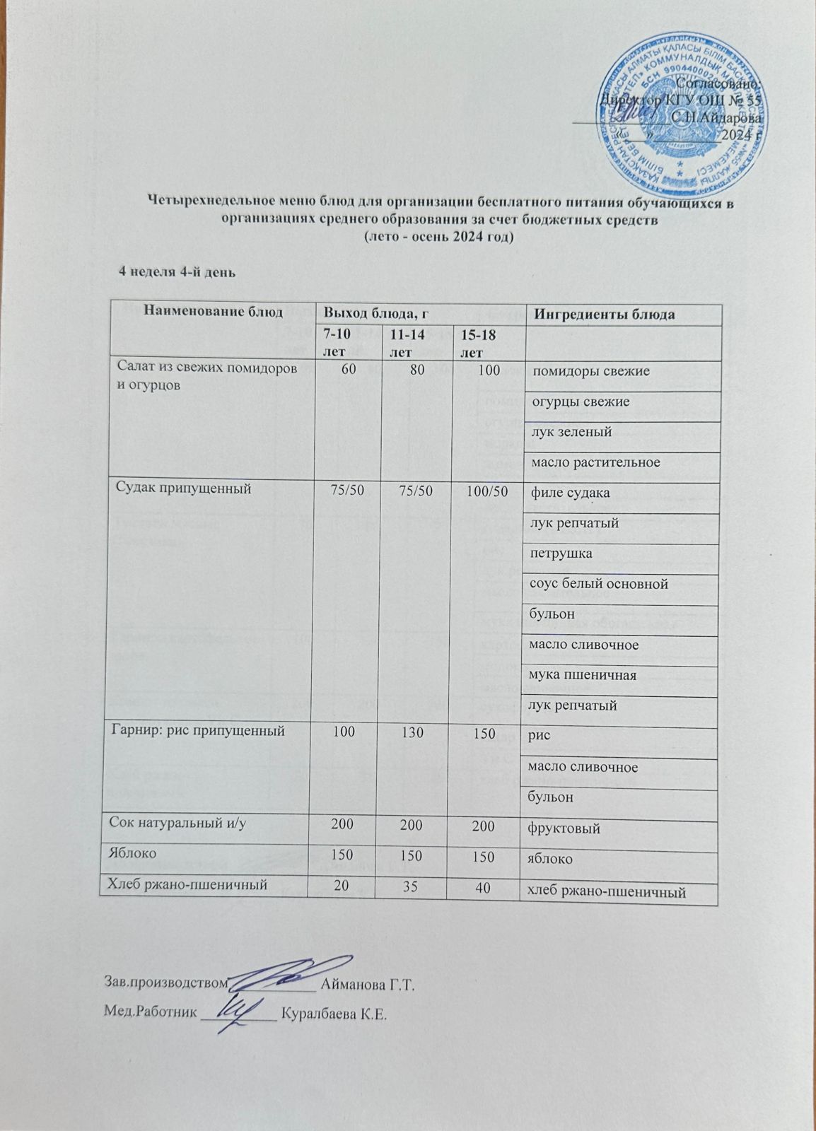 4 апта 4 күн. Тегін тамақтануды ұйымдастыруға арналған тағамдар мәзірі (жаз - күз). 4 неделя 4 день. Меню блюд для организации бесплатного питания (лето-осень 2024 год)