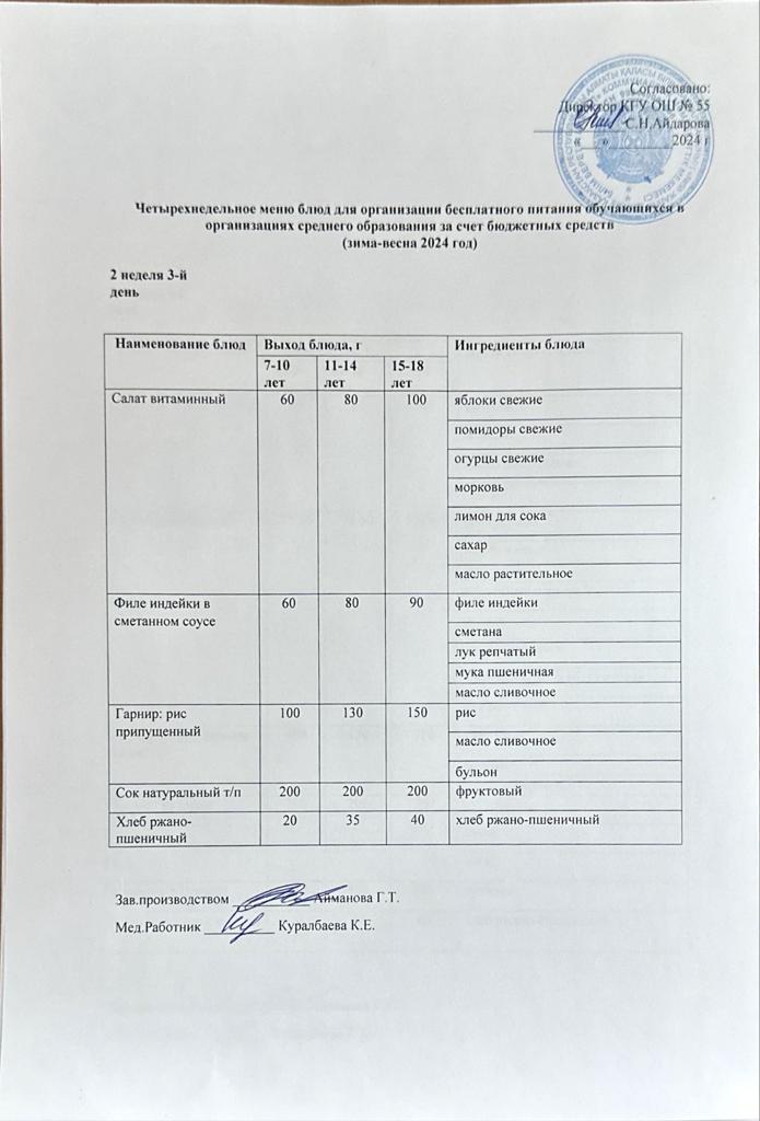2 апта 3 күн. Тегін тамақтануды ұйымдастыруға арналған тағамдар мәзірі (қыс-көктем). 2 неделя 3 день. Меню блюд для организации бесплатного питания (зима- весна 2024 год)