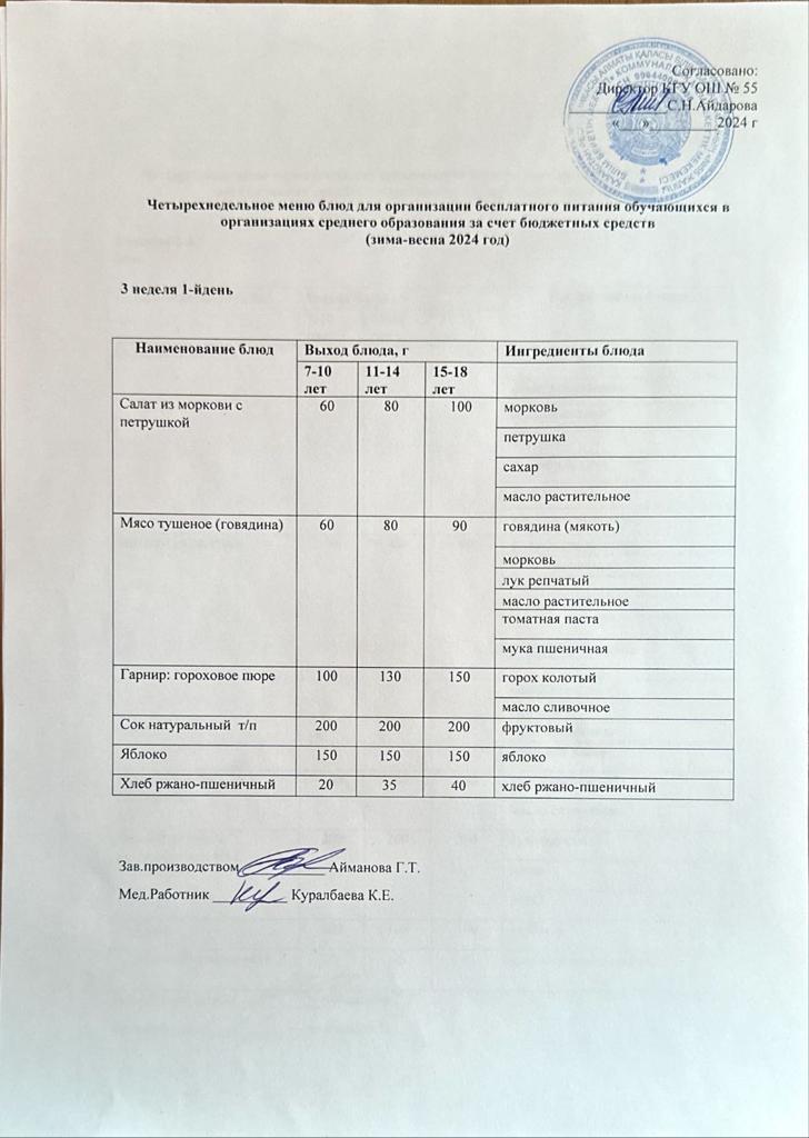 3 апта 1 күн. Тегін тамақтануды ұйымдастыруға арналған тағамдар мәзірі (қыс-көктем). 3 неделя 1 день. Меню блюд для организации бесплатного питания (зима- весна 2024 год)