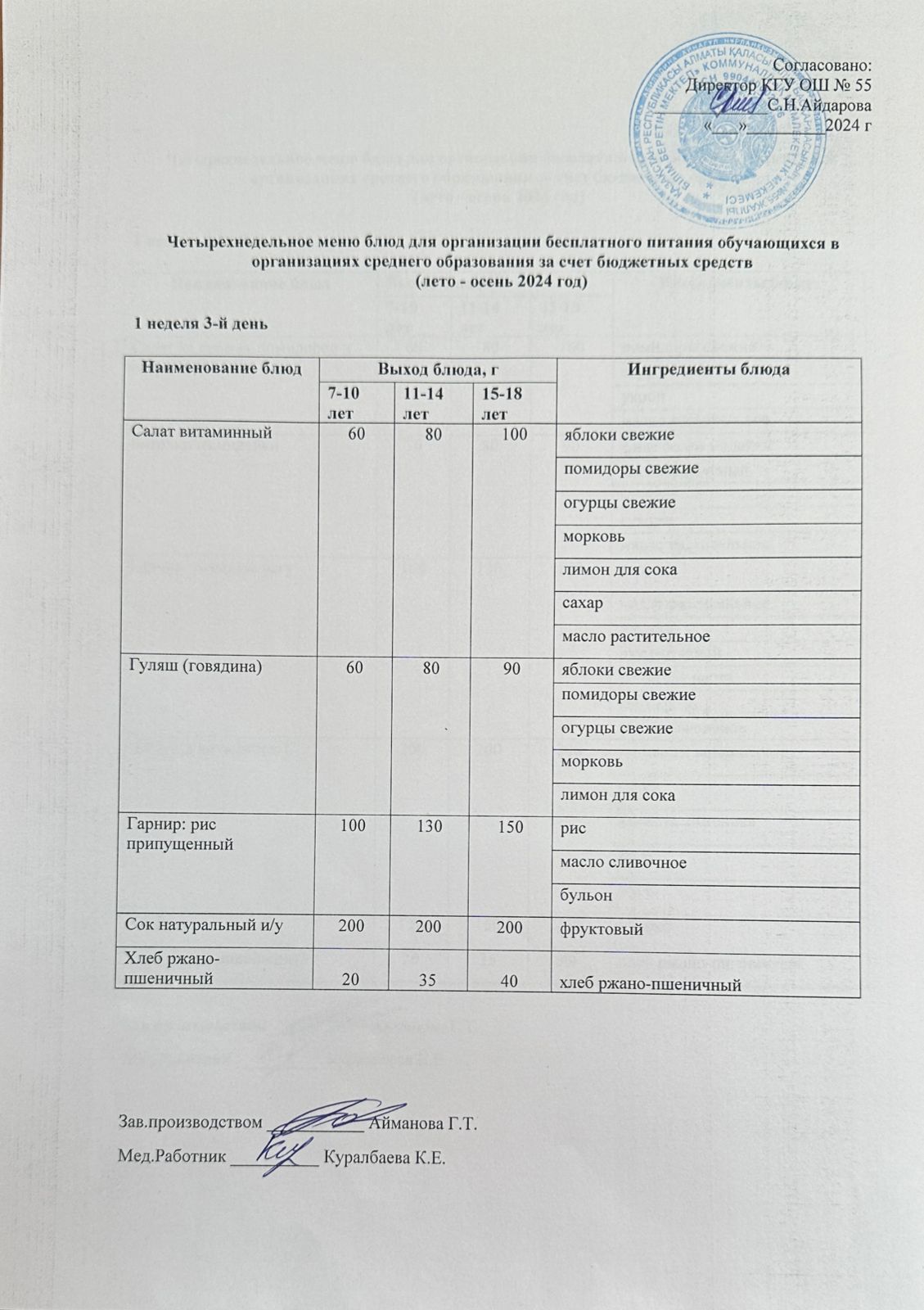 1 апта 3 күн. Тегін тамақтануды ұйымдастыруға арналған тағамдар мәзірі (қыс-көктем). 1 неделя 3 день. Меню блюд для организации бесплатного питания (зима-весна 2024 год)