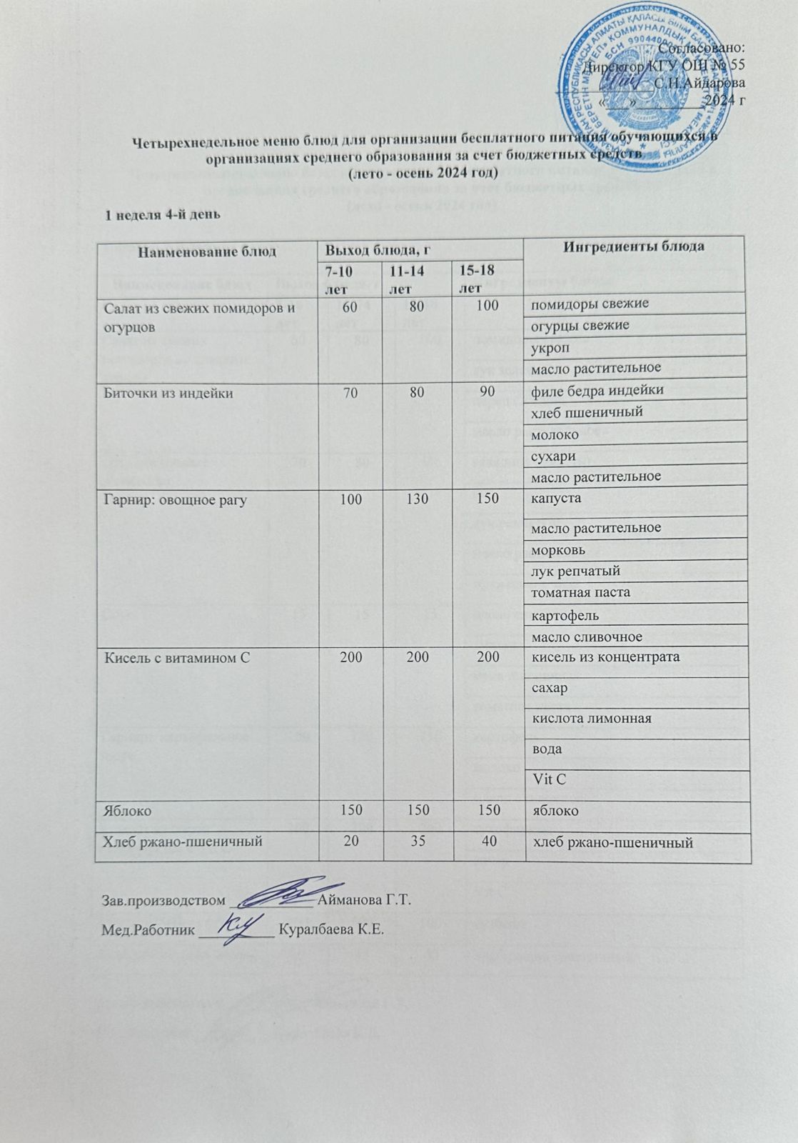 1 апта 4 күн. Тегін тамақтануды ұйымдастыруға арналған тағамдар мәзірі (қыс-көктем). 1 неделя 4 день. Меню блюд для организации бесплатного питания (зима-весна 2024 год)