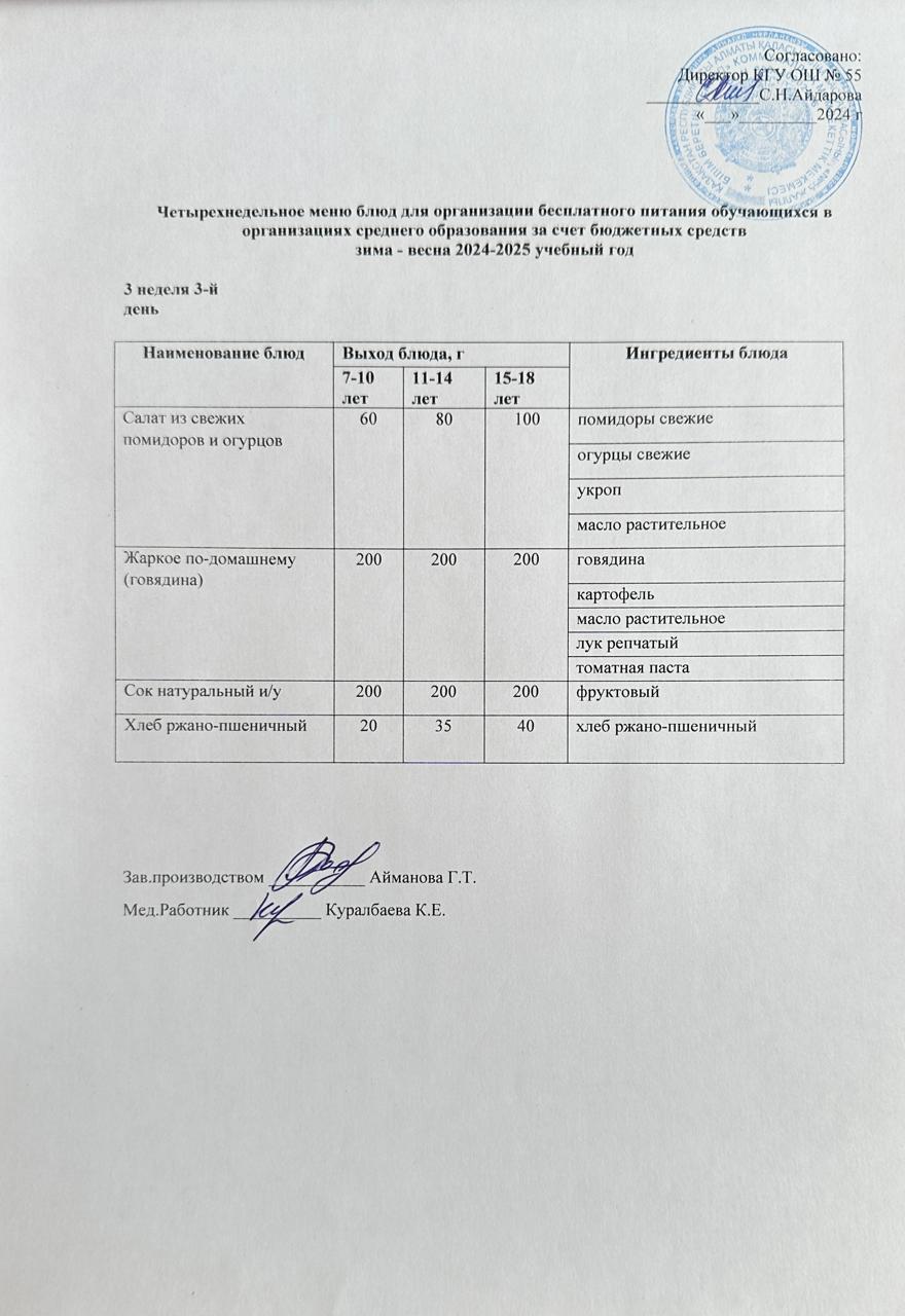 3 апта 3 күн. Тегін тамақтануды ұйымдастыруға арналған тағамдар мәзірі (қыс-көктем). 3 неделя 3 день. Меню блюд для организации бесплатного питания (зима-весна 2024 год)