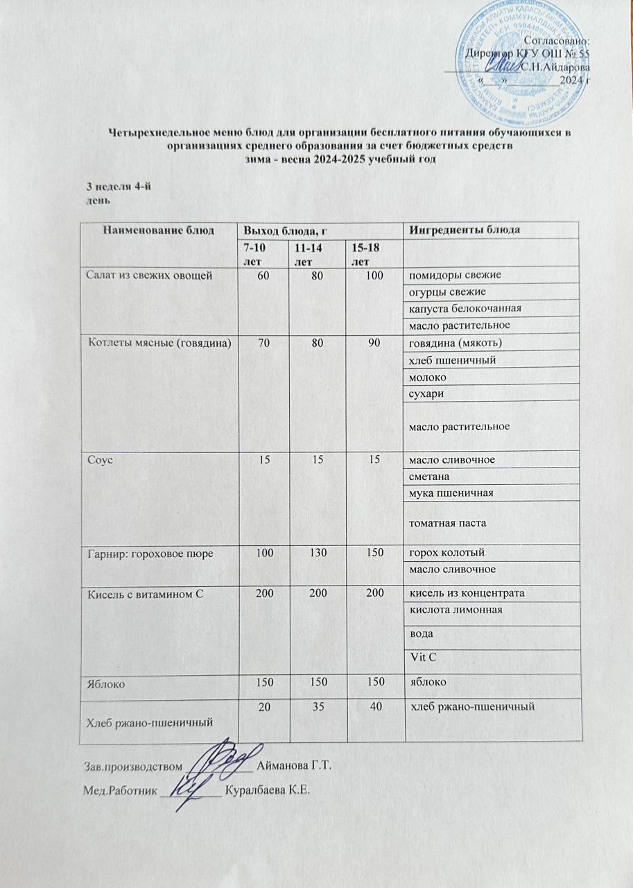 3 апта 4 күн. Тегін тамақтануды ұйымдастыруға арналған тағамдар мәзірі (қыс-көктем). 3 неделя 4 день. Меню блюд для организации бесплатного питания (зима-весна 2024 год)