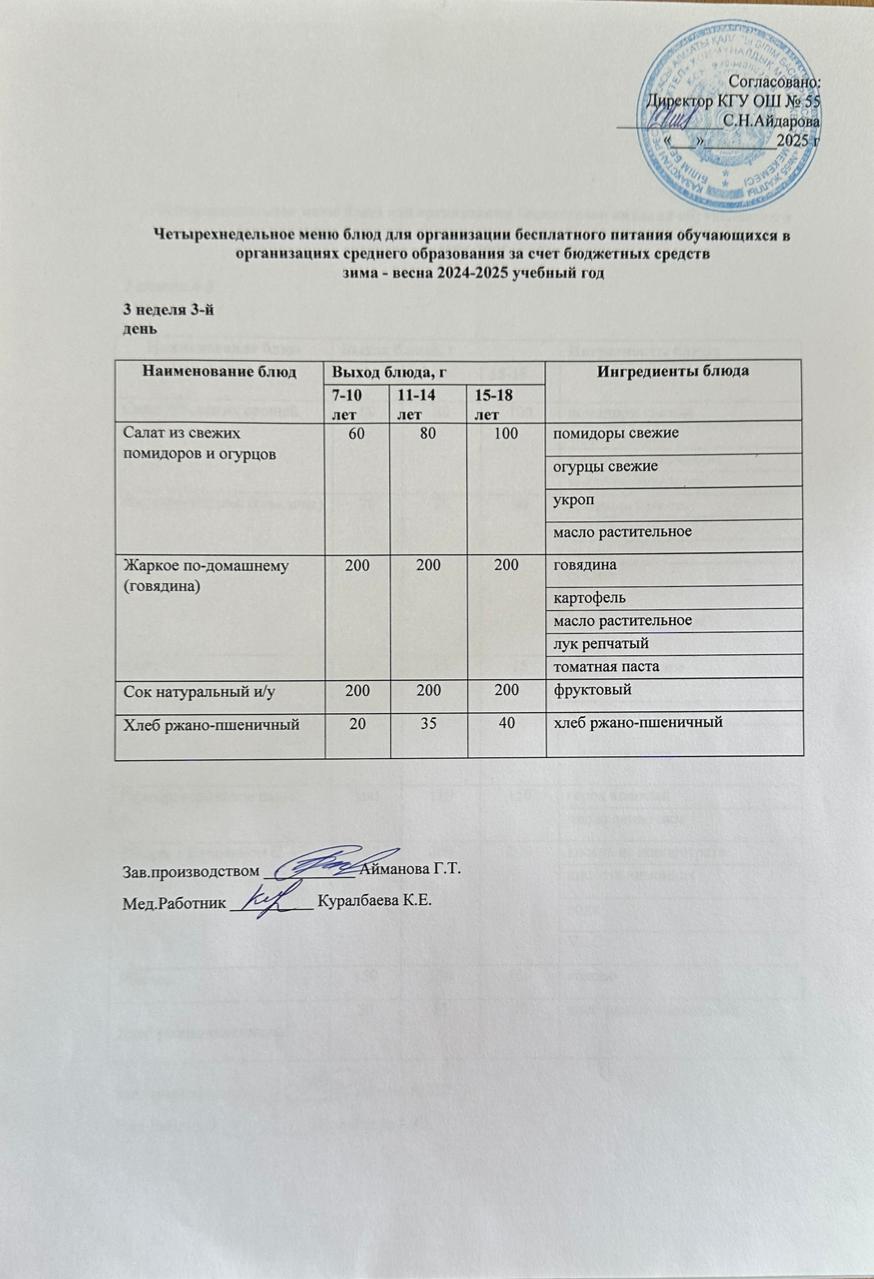 3 апта 3 күн. Тегін тамақтануды ұйымдастыруға арналған тағамдар мәзірі (қыс-көктем). 3 неделя 3 день. Меню блюд для организации бесплатного питания (зима-весна 2024 год)