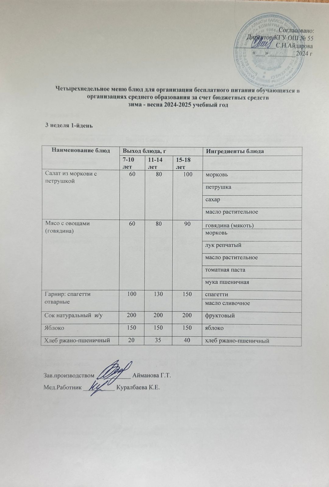 3 апта 1 күн. Тегін тамақтануды ұйымдастыруға арналған тағамдар мәзірі (қыс-көктем). 3 неделя 1 день. Меню блюд для организации бесплатного питания (зима-весна 2025 год)