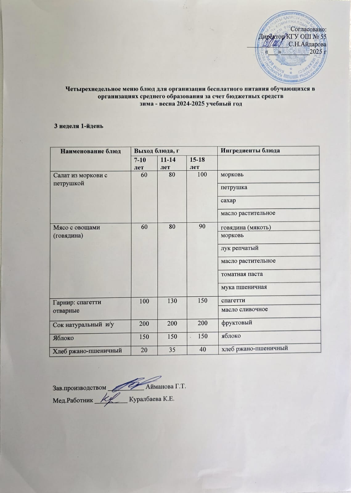 3 апта 1 күн. Тегін тамақтануды ұйымдастыруға арналған тағамдар мәзірі (қыс-көктем). 3 неделя 1 день. Меню блюд для организации бесплатного питания (зима-весна 2025 год)