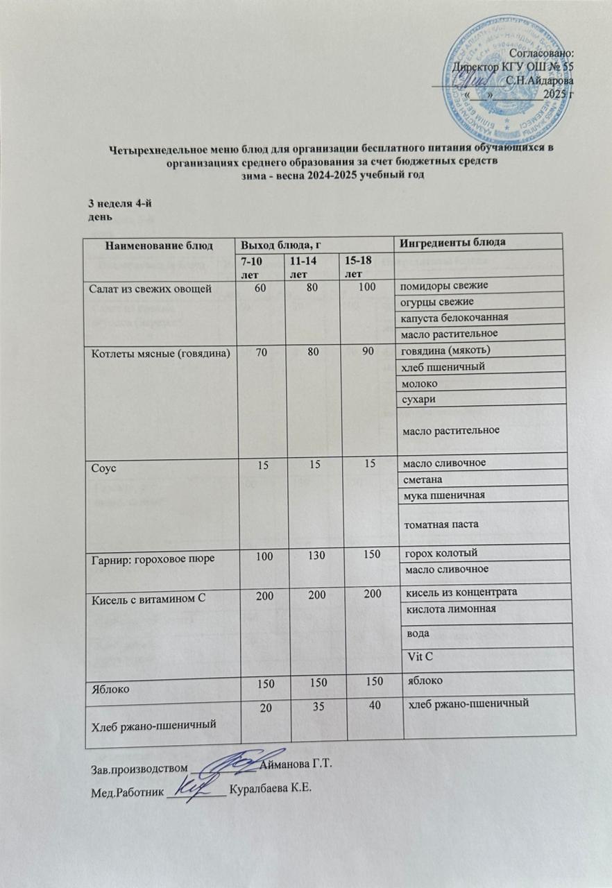 3 апта 4 күн. Тегін тамақтануды ұйымдастыруға арналған тағамдар мәзірі (қыс-көктем). 3 неделя 4 день. Меню блюд для организации бесплатного питания (зима-весна 2025 год)