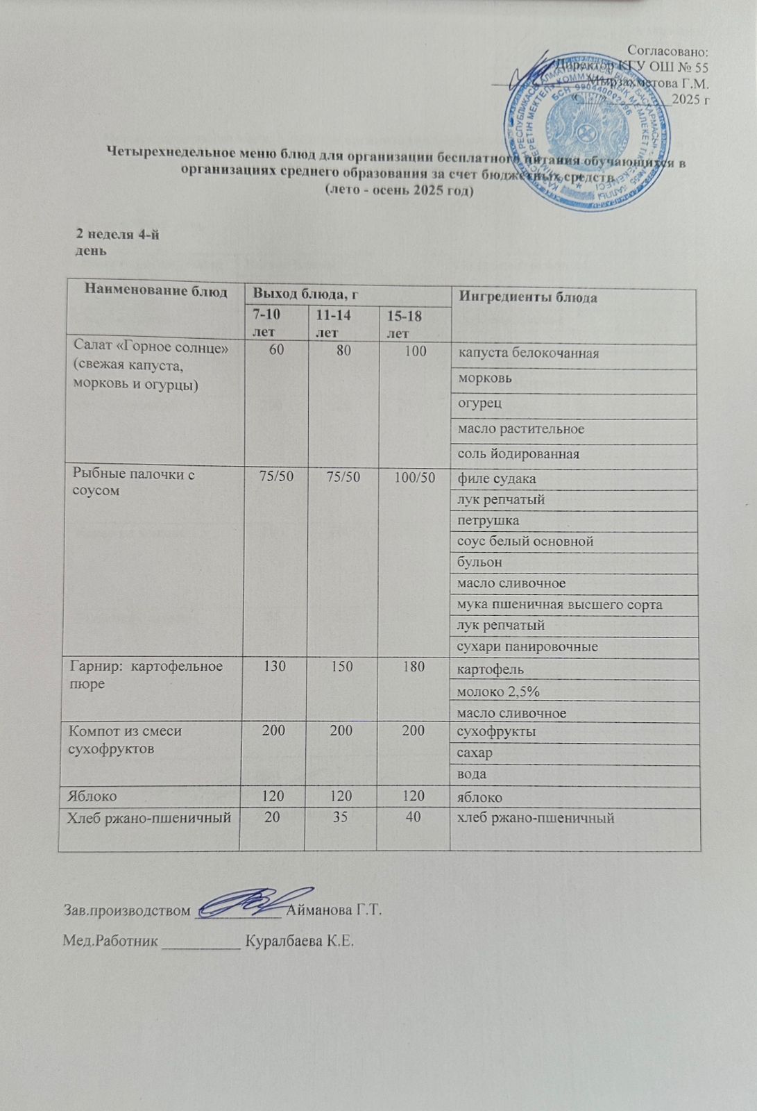 2 апта 4 күн. Тегін тамақтануды ұйымдастыруға арналған тағамдар мәзірі (жаз-күз). 2 неделя 4 день. Меню блюд для организации бесплатного питания (лето- осень 2025 год)