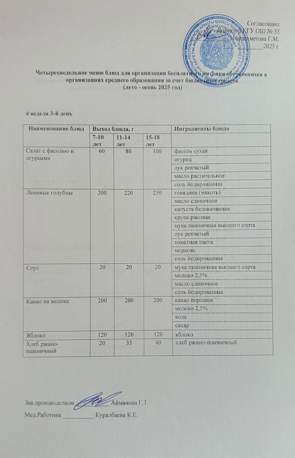 4 апта 3 күн. Тегін тамақтануды ұйымдастыруға арналған тағамдар мәзірі (жаз-күз). 4 неделя 3 день. Меню блюд для организации бесплатного питания (лето- осень 2025 год)