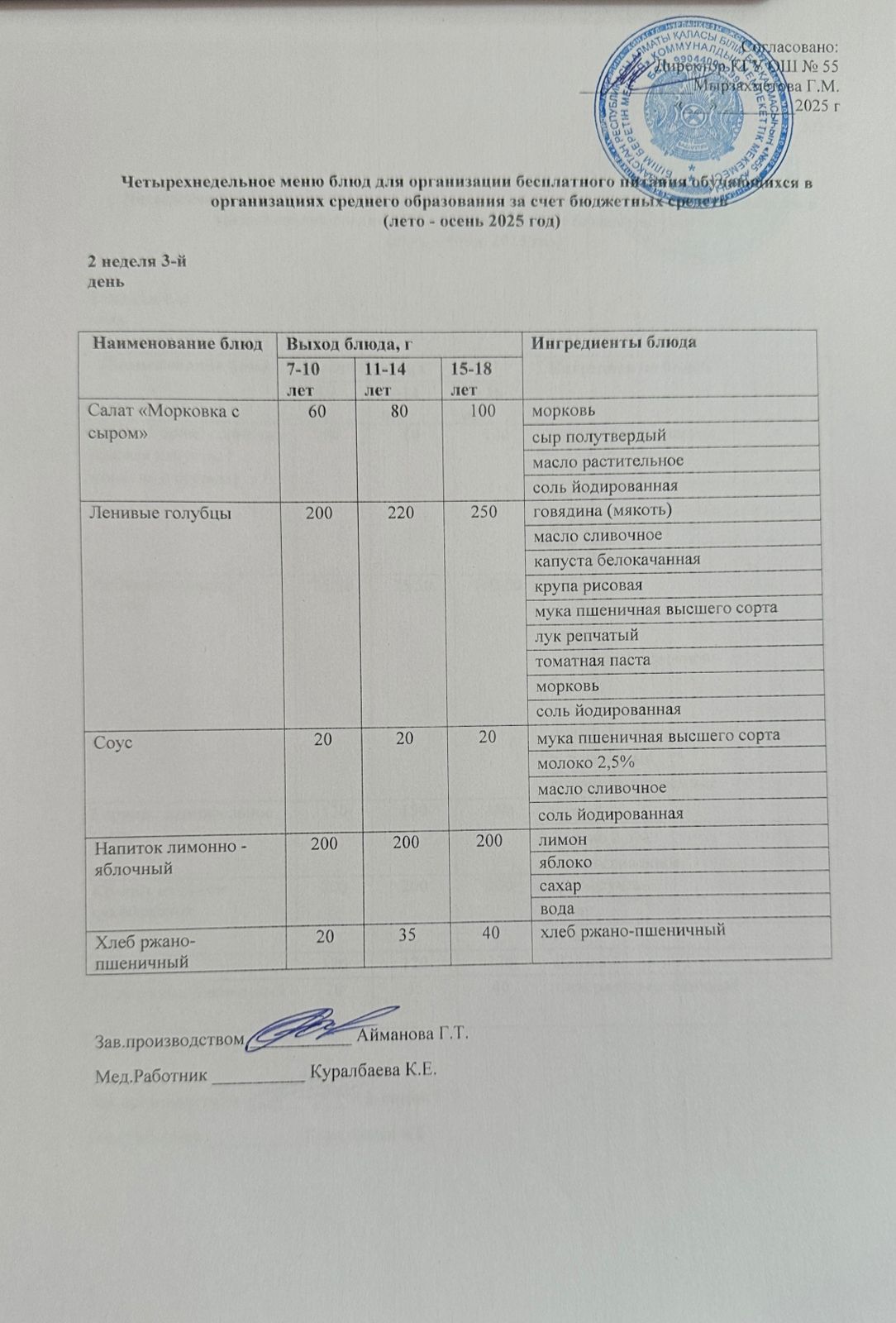 2 апта 3 күн. Тегін тамақтануды ұйымдастыруға арналған тағамдар мәзірі (жаз-күз). 2 неделя 3 день. Меню блюд для организации бесплатного питания (лето- осень 2025 год)