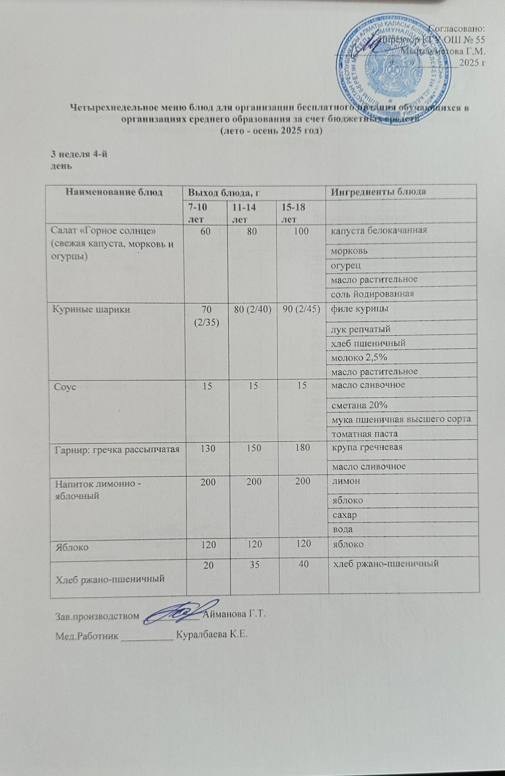 3 апта 4 күн. Тегін тамақтануды ұйымдастыруға арналған тағамдар мәзірі (жаз-күз). 3 неделя 4 день. Меню блюд для организации бесплатного питания (лето- осень 2025 год)