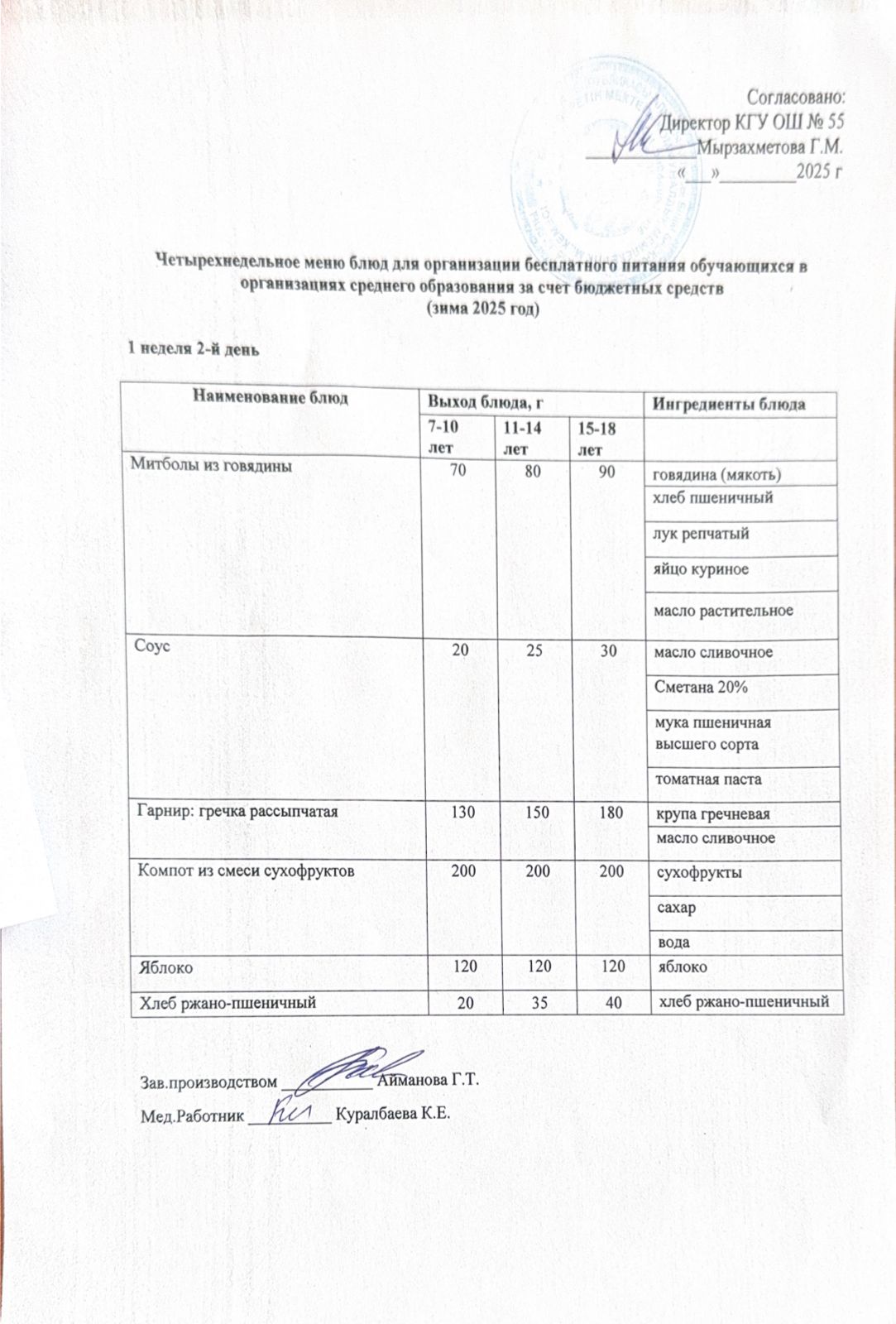 1 апта 2 күн. Тегін тамақтануды ұйымдастыруға арналған тағамдар мәзірі (қыс). 1 неделя 2 день. Меню блюд для организации бесплатного питания (зима 2025 год)