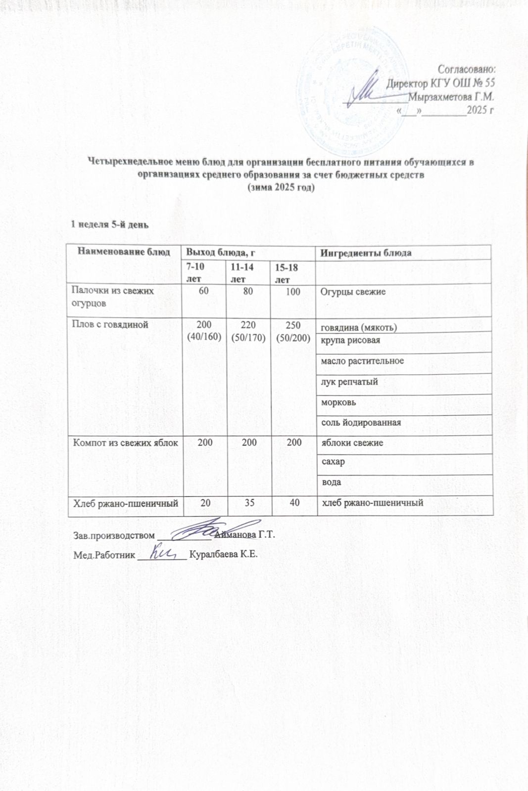 1 апта 5 күн. Тегін тамақтануды ұйымдастыруға арналған тағамдар мәзірі (қыс). 1 неделя 5 день. Меню блюд для организации бесплатного питания (зима 2025 год)