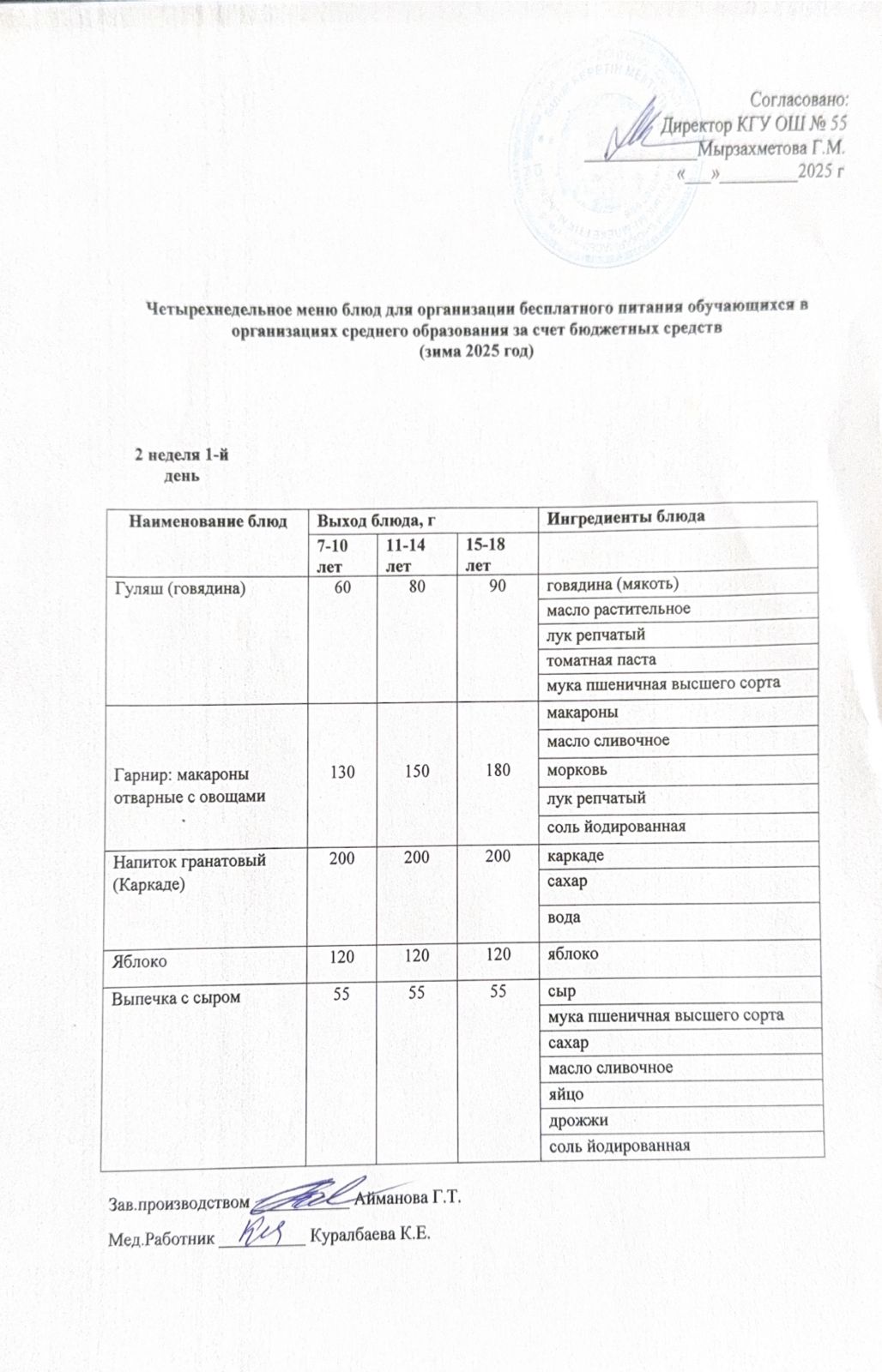 2 апта 1 күн. Тегін тамақтануды ұйымдастыруға арналған тағамдар мәзірі (қыс). 2 неделя 1 день. Меню блюд для организации бесплатного питания (зима 2025 год)