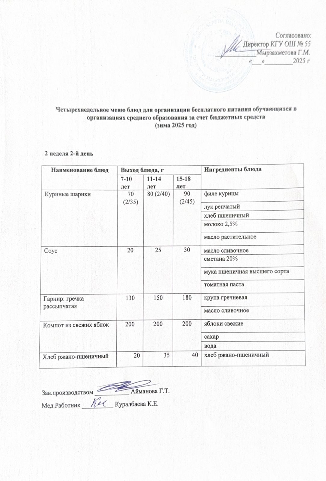 2 апта 2 күн. Тегін тамақтануды ұйымдастыруға арналған тағамдар мәзірі (қыс). 2 неделя 2 день. Меню блюд для организации бесплатного питания (зима 2025 год)