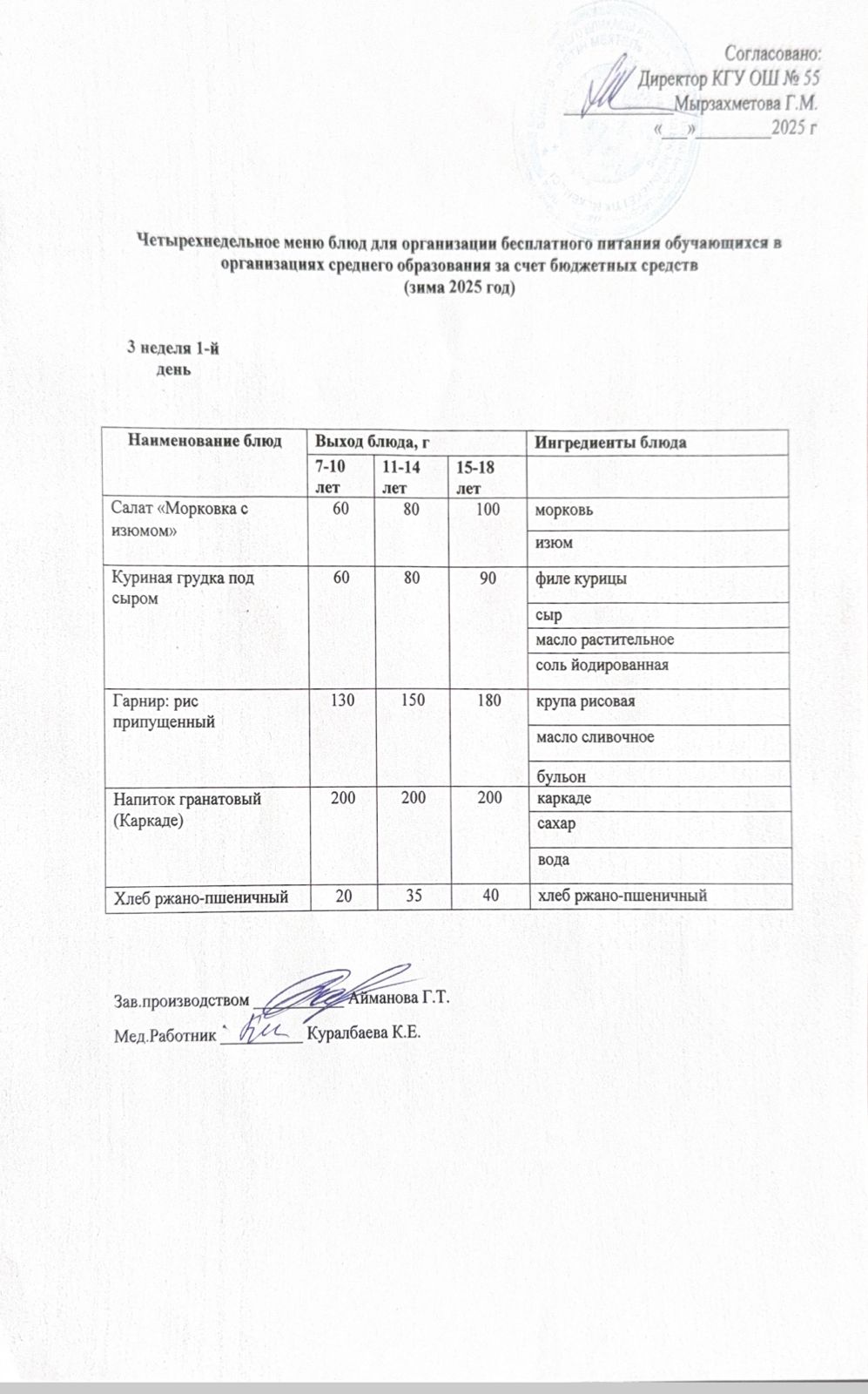 3 апта 1 күн. Тегін тамақтануды ұйымдастыруға арналған тағамдар мәзірі (қыс). 3 неделя 1 день. Меню блюд для организации бесплатного питания (зима 2025 год)