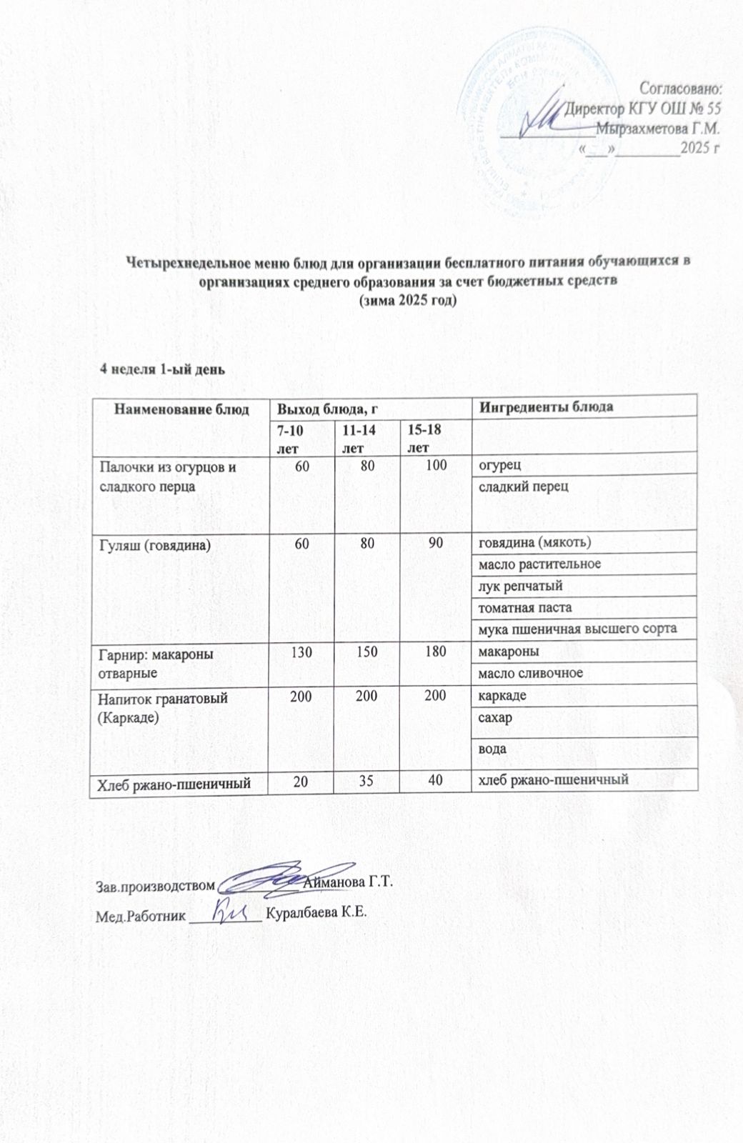4 апта 1 күн. Тегін тамақтануды ұйымдастыруға арналған тағамдар мәзірі (қыс). 4 неделя 1 день. Меню блюд для организации бесплатного питания (зима 2025 год)