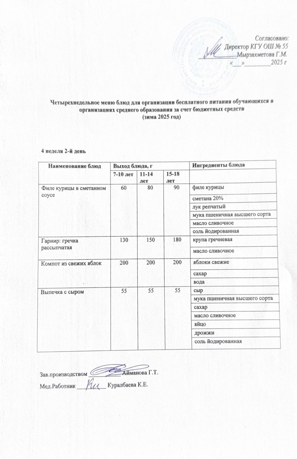 4 апта 2 күн. Тегін тамақтануды ұйымдастыруға арналған тағамдар мәзірі (қыс). 4 неделя 2 день. Меню блюд для организации бесплатного питания (зима 2025 год)