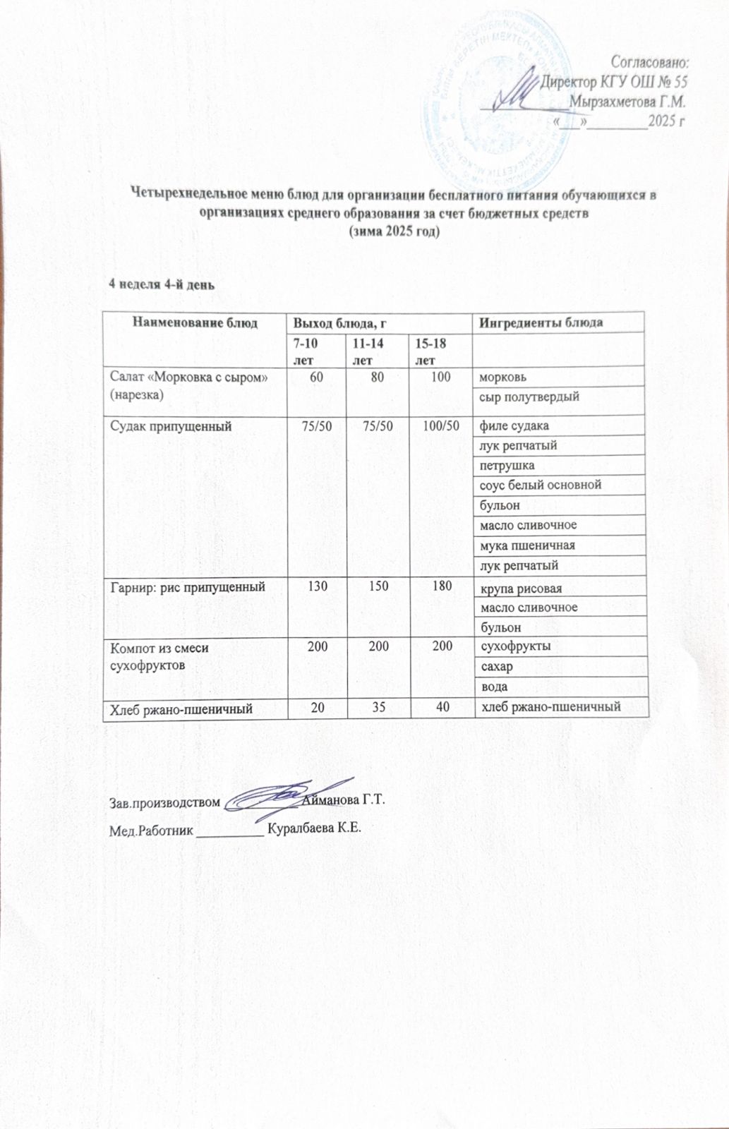 4 апта 4 күн. Тегін тамақтануды ұйымдастыруға арналған тағамдар мәзірі (қыс). 4 неделя 4 день. Меню блюд для организации бесплатного питания (зима 2025 год)