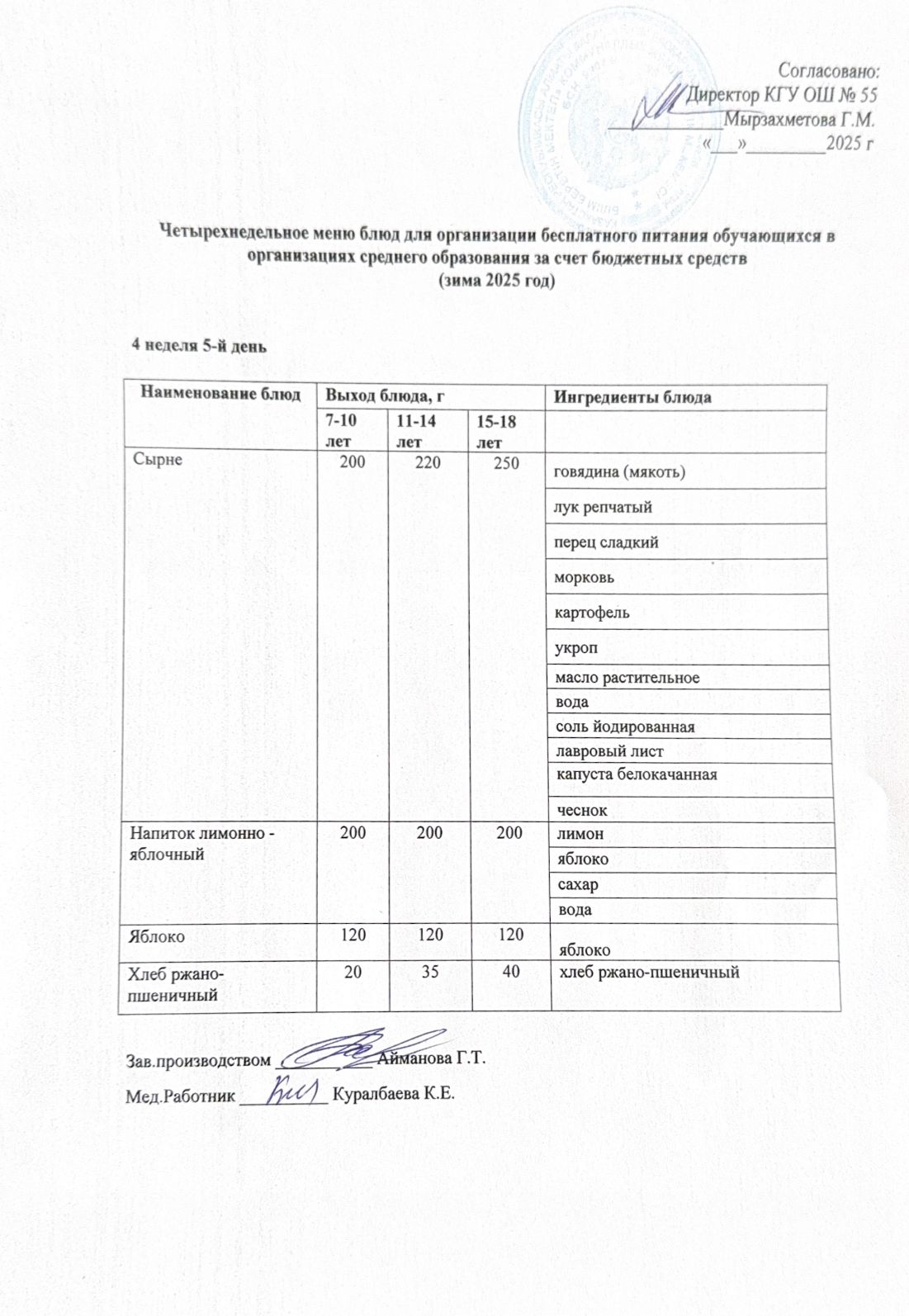 4 апта 5 күн. Тегін тамақтануды ұйымдастыруға арналған тағамдар мәзірі (қыс). 4 неделя 5 день. Меню блюд для организации бесплатного питания (зима 2025 год)