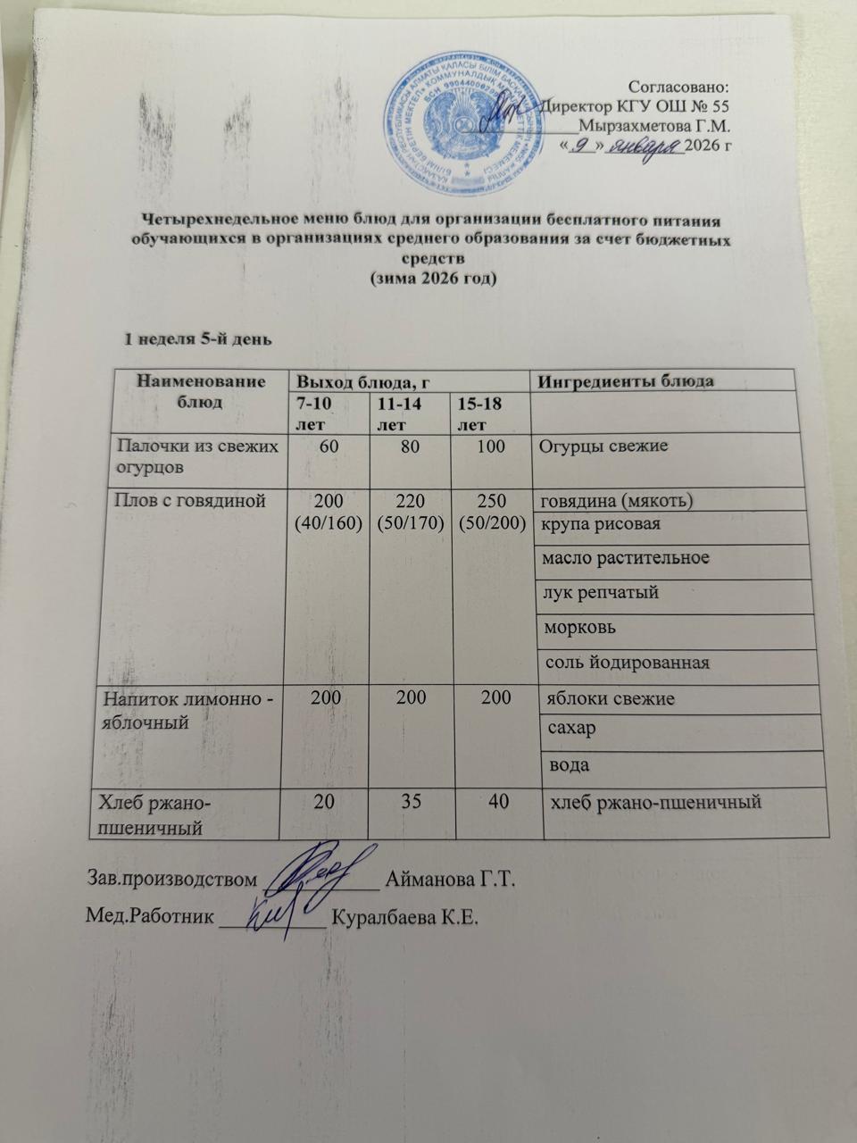 1 апта 5 күн. Тегін тамақтануды ұйымдастыруға арналған тағамдар