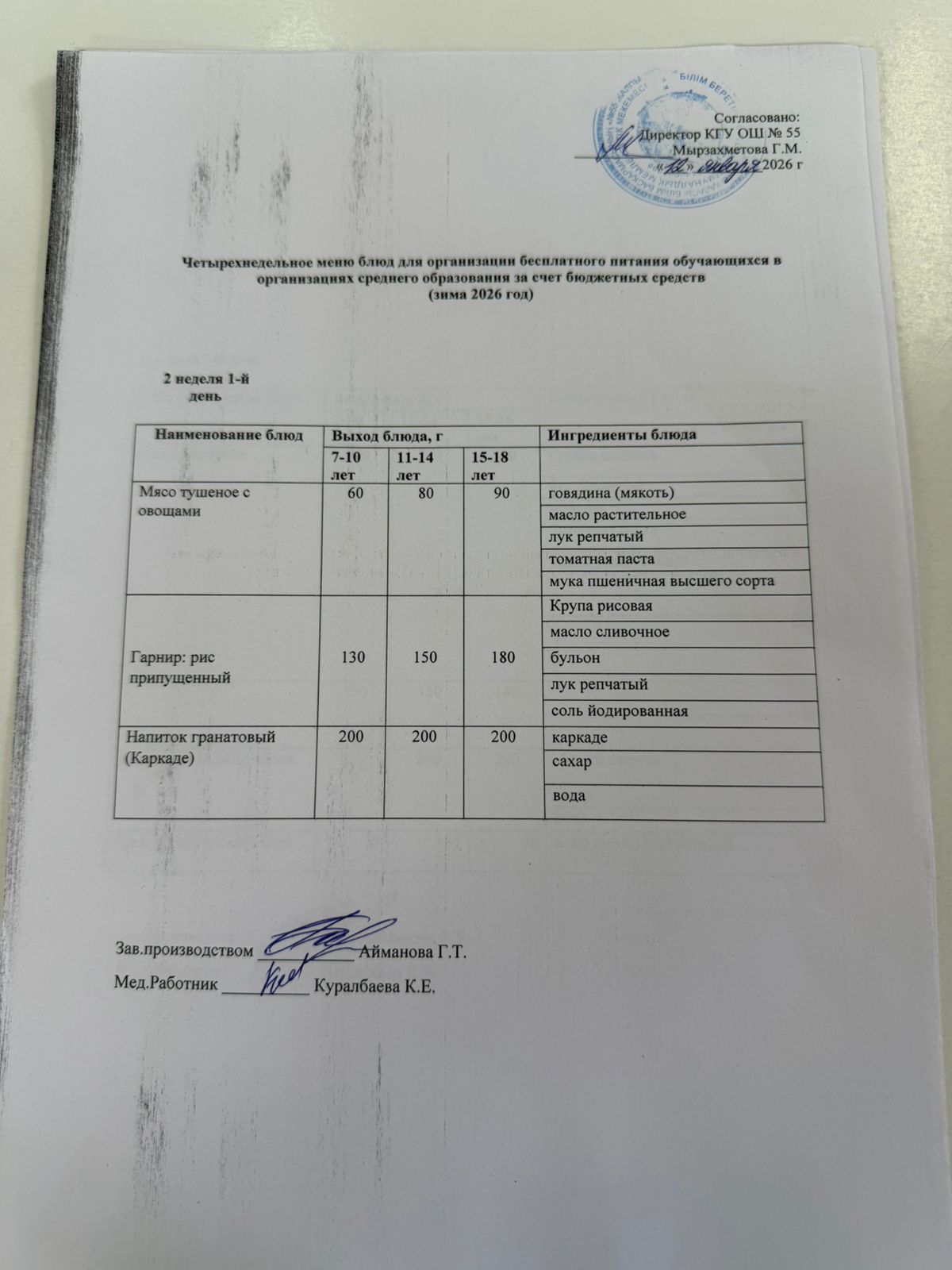 2 апта 1 күн. Тегін тамақтануды ұйымдастыруға арналған тағамдар